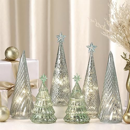 Miniatura 4 de Juego de 6 figuras iluminadas de árbol de Navidad de vidrio de mercurio con luces LED, funciona con pilas, centros de mesa de Navidad iluminados