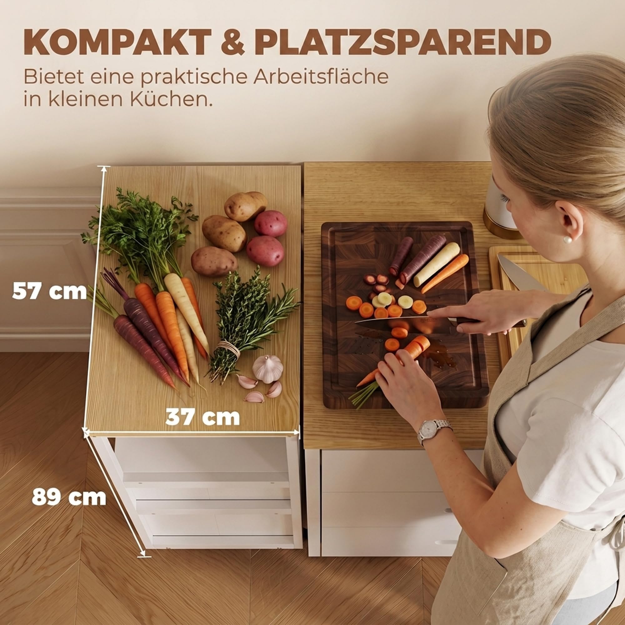 HOMCOM Küchenwagen mit Rollen, Arbeitsplatte, Weiß, 53 x 37 x 89 cm