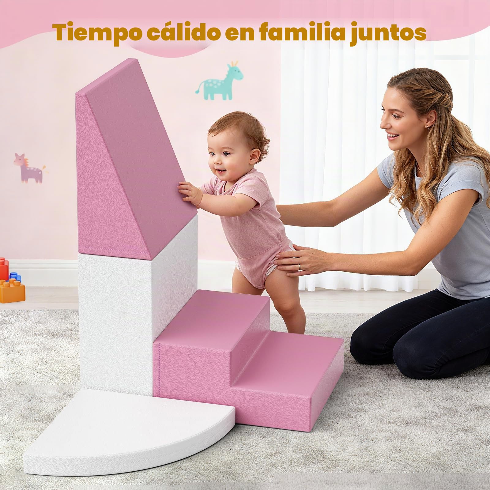 4 piezas de bloques blandos de espuma antideslizante, bloques de escalada combinables para niños, juego para interior, color rosa y blanco