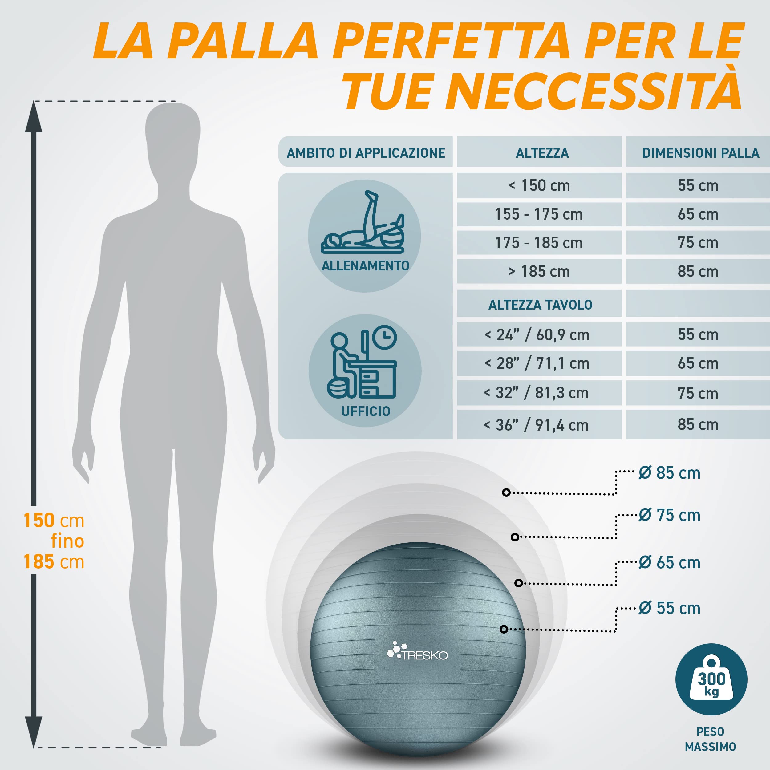 TRESKO Palla Fitness, Palla Pilates Anti-Scoppio 55cm/65cm/75cm/85cm Palla da Ginnastica con Pompa Rapida per Fitness Yoga e Pilates