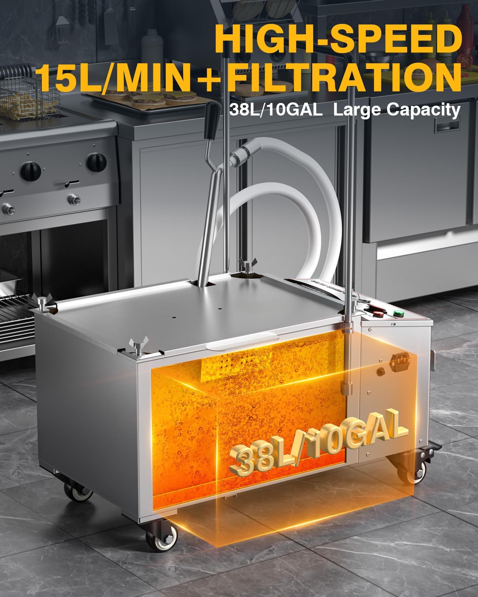 Macchina per filtro olio per friggitrice commerciale da 38 l/10 galloni, portata 15 l/min, sistema di filtraggio per friggitrice elettrica mobile in acciaio inossidabile 1700 giri/min,