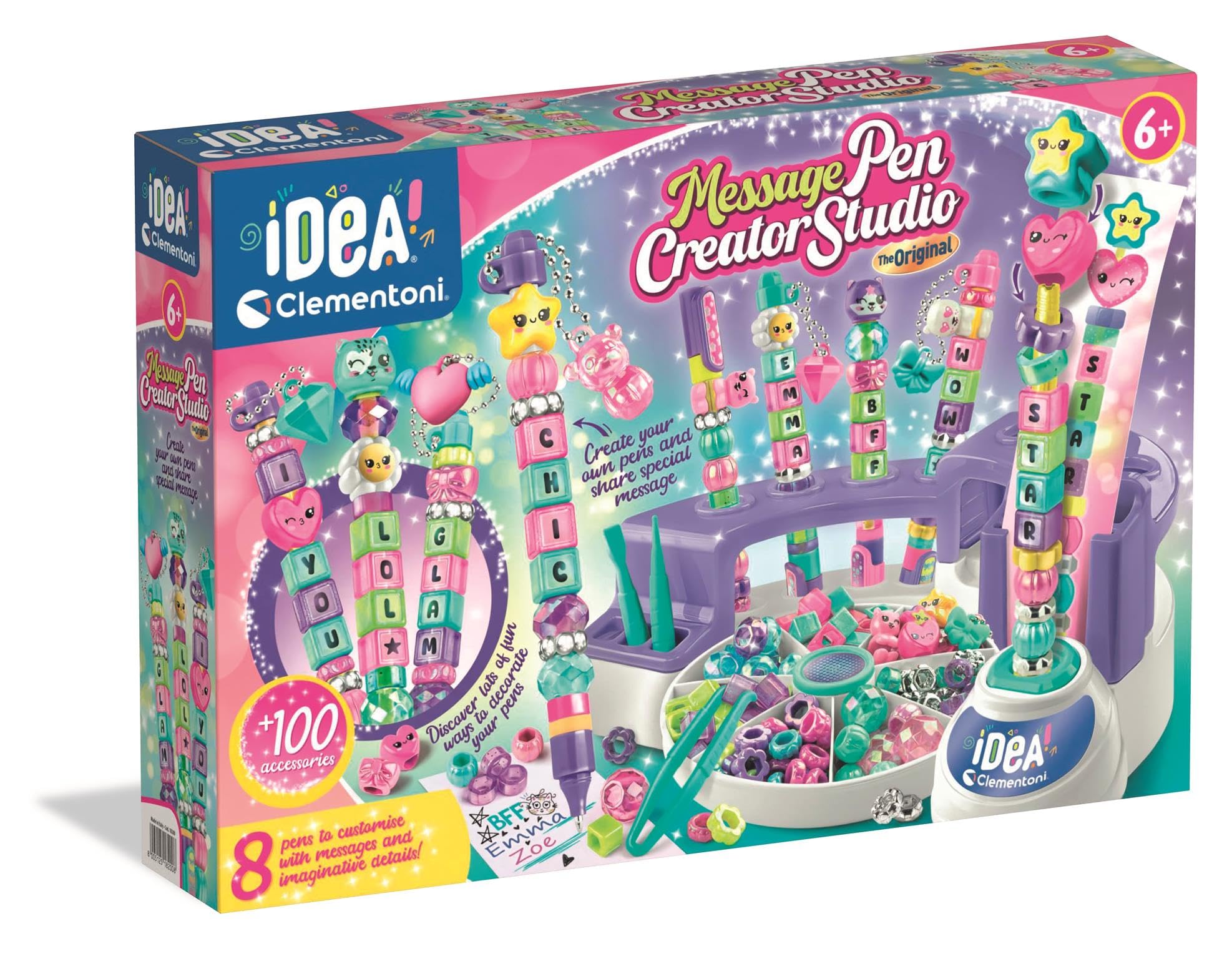 Clementoni - Laboratorio de bolígrafos con mensaje - Personaliza bolígrafos coloridos con cuentas, pegatinas y letras - Inspira la imaginación - Niños a partir de 6 años
