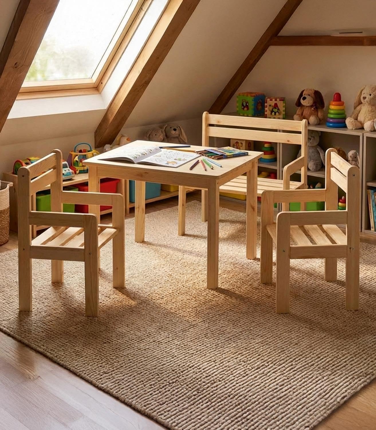 Kindersitzgruppe 4-teilig - mit Kindertisch, Sitzbank & 2 Stühlen - Braun - Kiefernholz Massiv - Sitzgruppe Kindertischgruppe Holzsitzgruppe