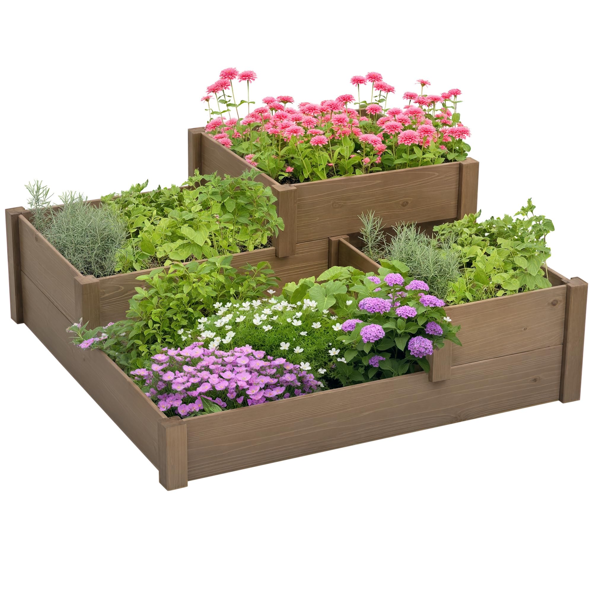 Outsunny Bac à légumes surélevé Bac à fleurs avec 3 niveaux, bac à plantes pour herbes aromatiques sur la terrasse et le balcon, bois de sapin, brun, 122 x 122 x 51 cm