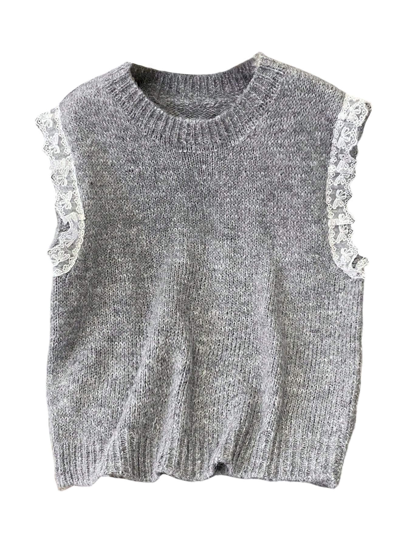 GORGLITTER Womens Lace Sweater Vest Cropped Crew Neck Sleeveless Y2k Pullover Tank Tops Fall Old Money Clothes