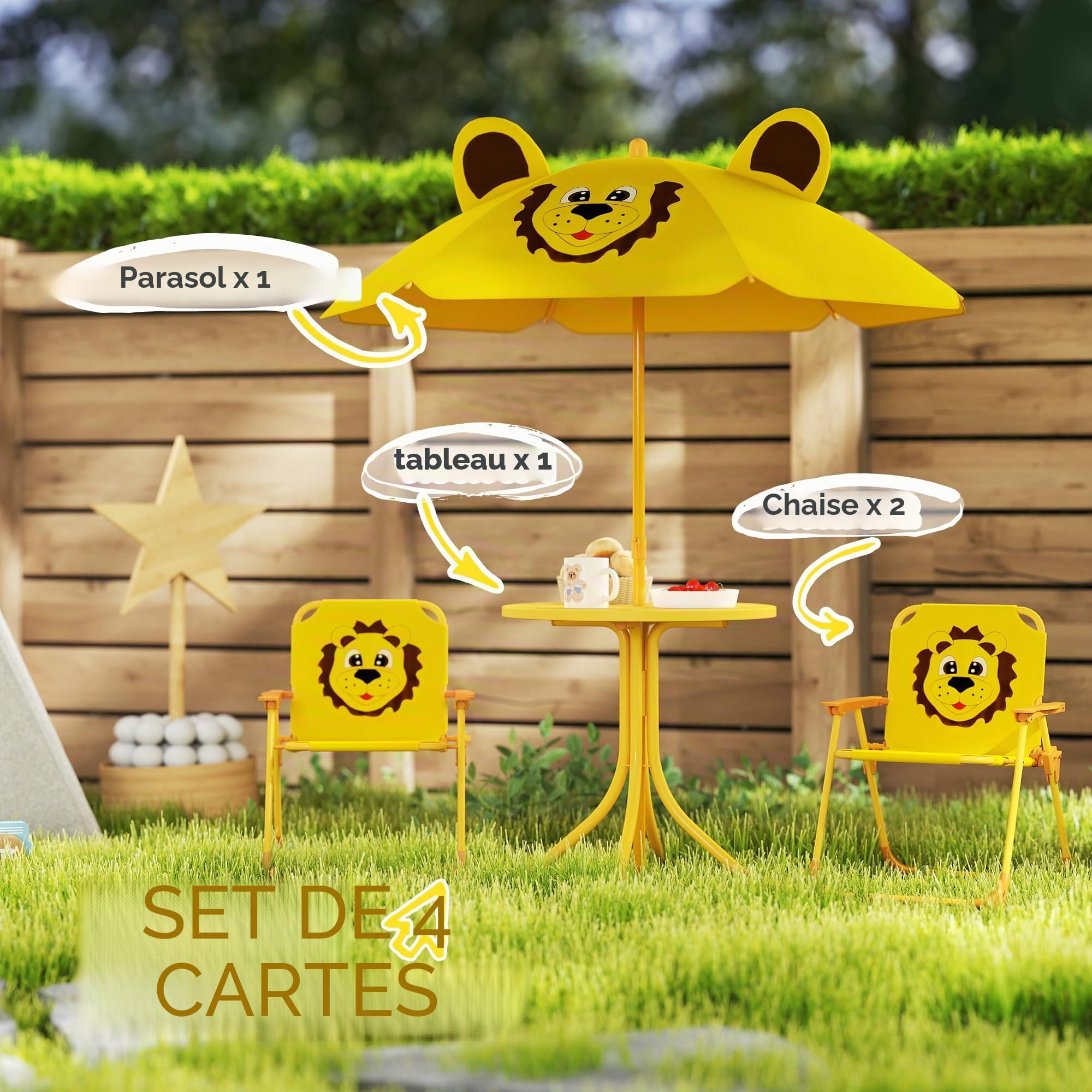 AIYAPLAY Salon de jardin pour enfant avec parasol réglable en hauteur et 2 chaises pliantes - Pour jardin, plage, jaune