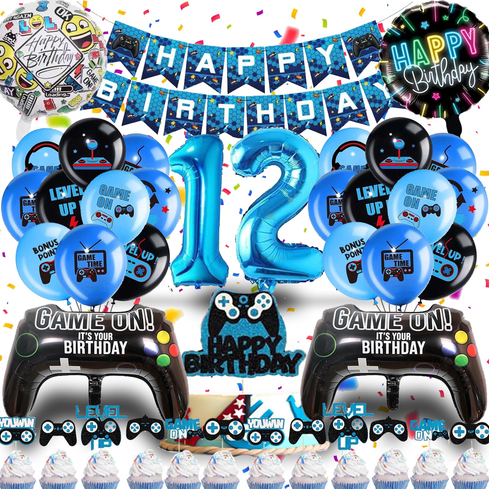 Betensh Geburtstagsdeko 12 Jahre Junge, Luftballon 12. Geburtstag Junge, Deko 12 Geburtstag Junge mit Videospiel Tortendeko, Geburtstagsdeko Junge Ballons Blau für Gamer Deko Party