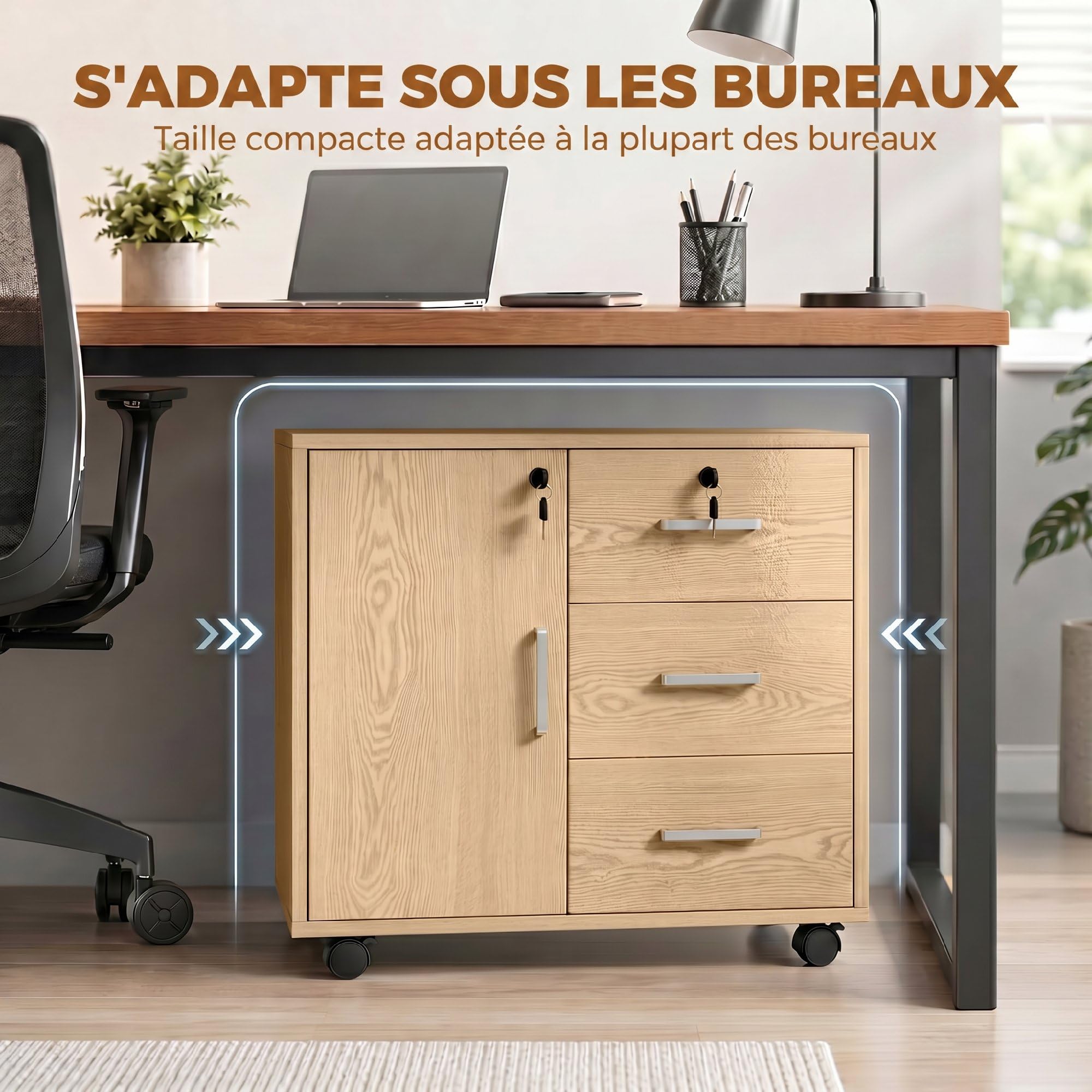 HOMCOM Cassettiera da scrivania con 3 cassetti, 40 x 60 x 56 cm, colore: Marrone | Armadietto portaoggetti regolabile per ufficio, ruote