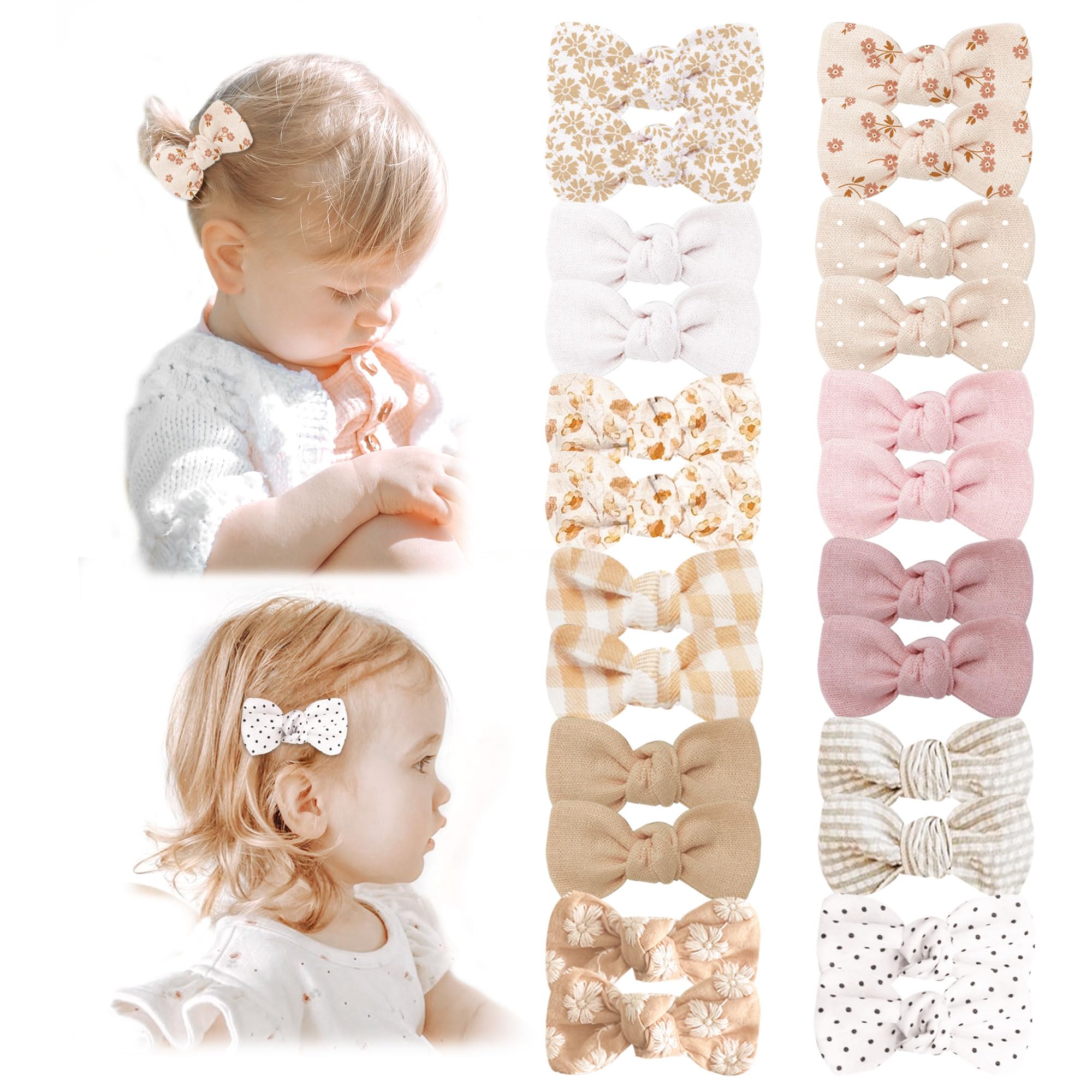 Niceye Baby Hair Clips - 24 Pcs Fully Lined Hair Bow Clips for Fine Hair Cotton Tiny Hair Barrettes for Infants, Toddlers, and Little Girls