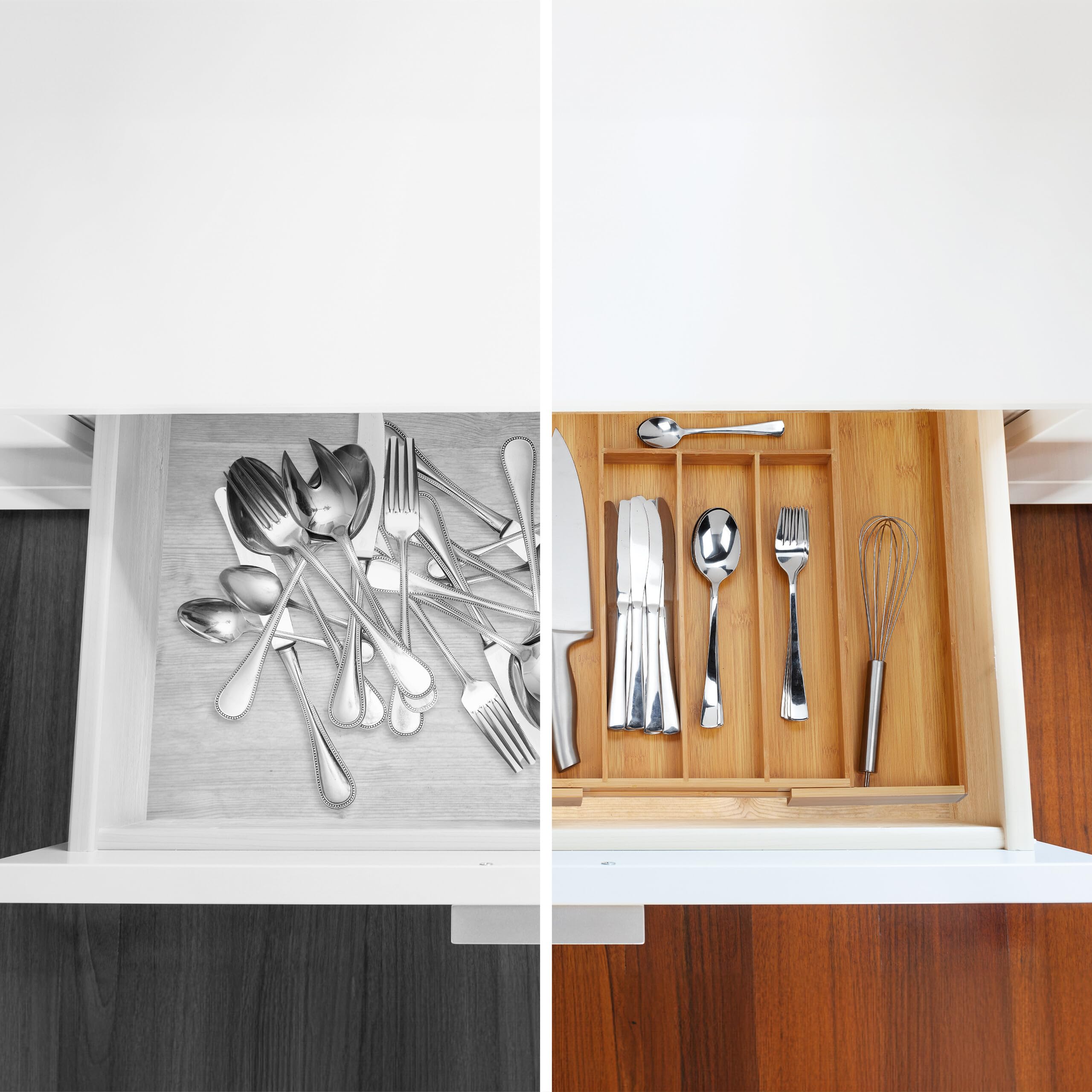 Relaxdays Cubertero Cajón Extensible, Bandeja Cubiertos 8 Compartimentos, Clasificador Bambú, 5x32,5-52x45,5cm, Natural