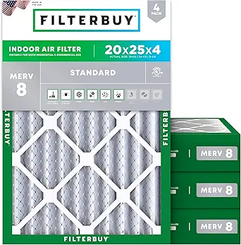 Filterbuy 20x25x4 Air Filter MERV 8 Dust Defense (4-Pack), Pleated HVAC AC Furnace Air Filters Replacement (Actual Size: 19.50 x 24.50 x 3.63 Inches)
