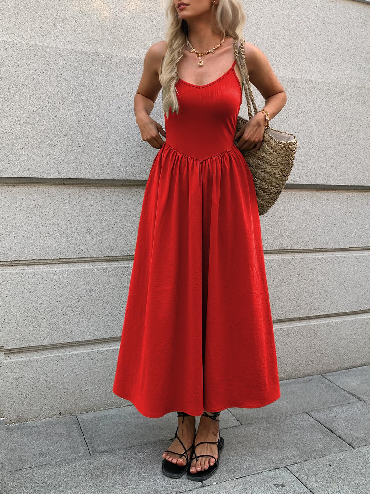 Mieazom Vestido largo sin mangas con cuello en V y bolsillos para mujer, corte entallado, casual, de verano, con tirantes delgados, para vacaciones