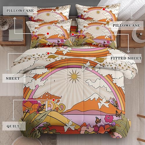 Miniatura 57 de Juego de edredón con 2 fundas de almohada, tamaño matrimonial, diseño de hongo hippy y arco iris, decoración de cama retro de los años 70, hippie,