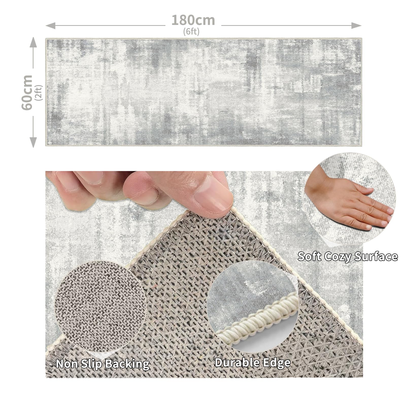 Cycleader 60x180cm Non-Slip Washable Runner Rug for Hallway Bedroom Modern Abstract Faux Cashmere Carpet Anti-Fatigue Kitchen Rugs Indoor Soft Long Floor Mat Low Pile Runners with Anti-Slip Backing - Image 2