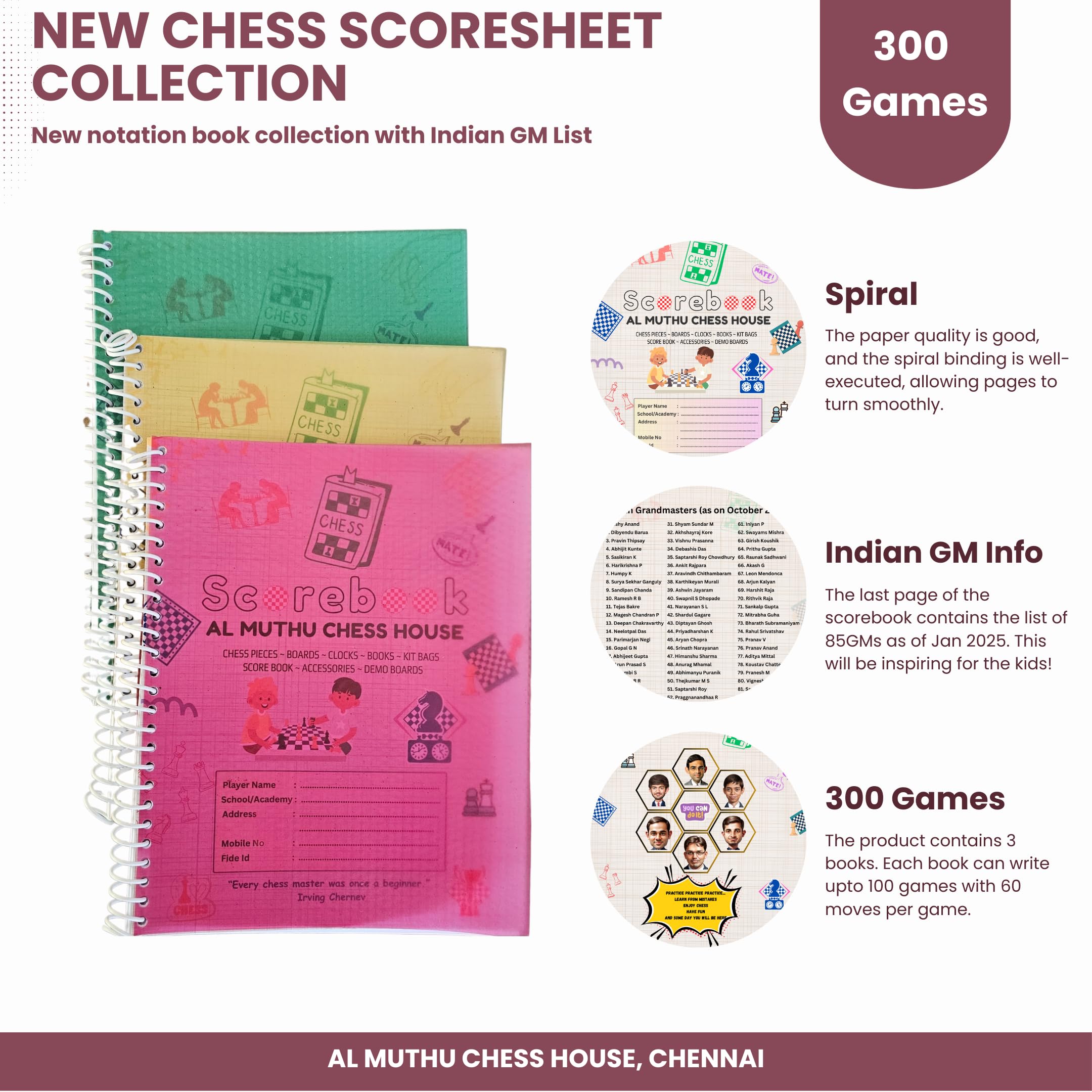 Chess Notation Book - Score Sheet - 3 books set (300 games, 100 games per book) | Free MDF Chessboard keychain
