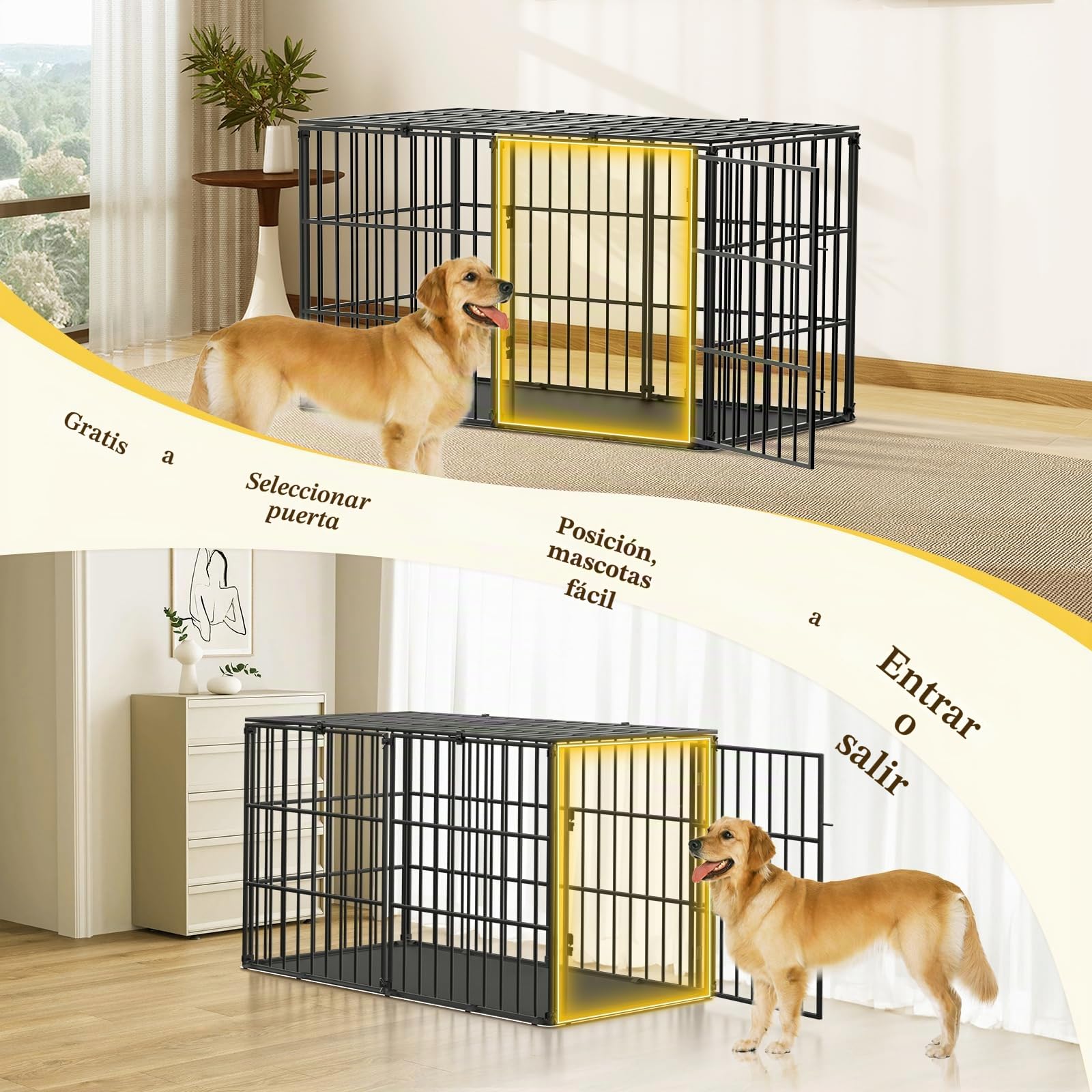 Pawaboo - Jaula para Perro, con Alfombra Impermeable, Parque de Metal Grueso, antimordeduras, con Tapa Segura, Interior, Exterior, 143,5 x 70 x 80 cm, Color Negro