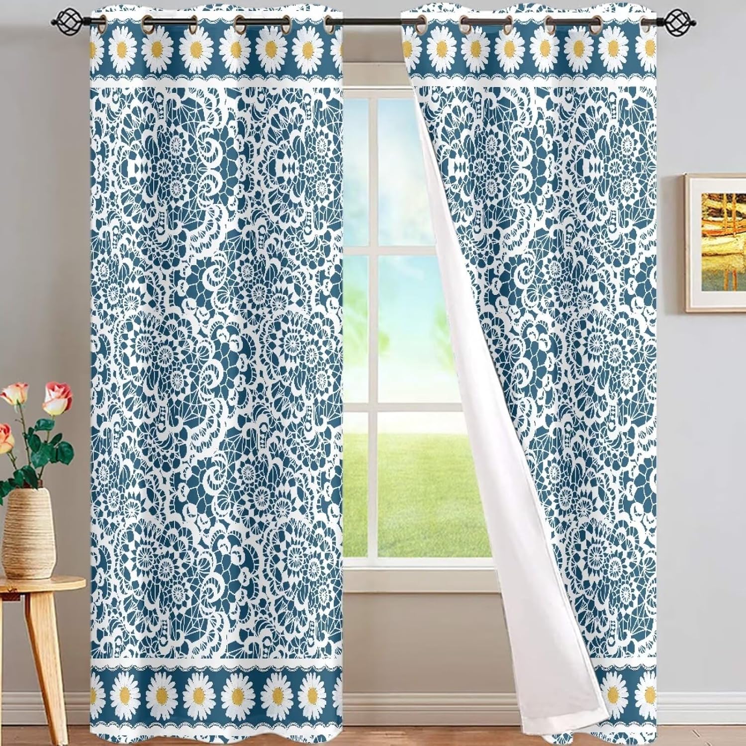 FUSURIRE Vintage Blue Daisy Print Window Curtains 63 inch Long,Decorative Curtain Panels Set of 2 with Rod Pocket for Bedroom Living Room