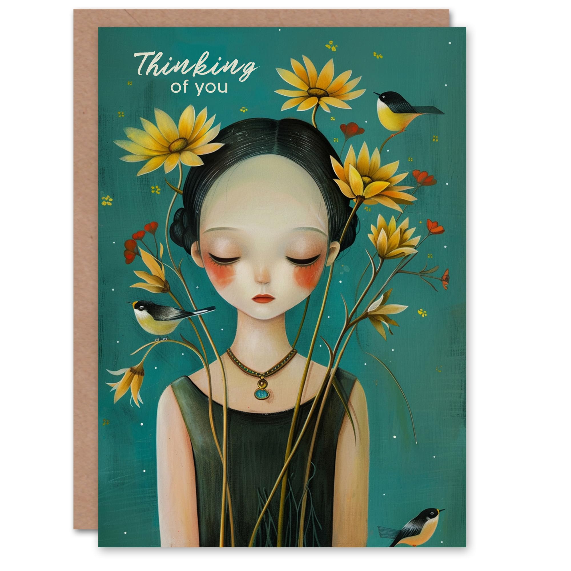 Artery8 Sympathy Card Young Girl with Birds and Flowers Thinking of You For Her Gran Sister Niece Daughter Wife Woman Greeting Card