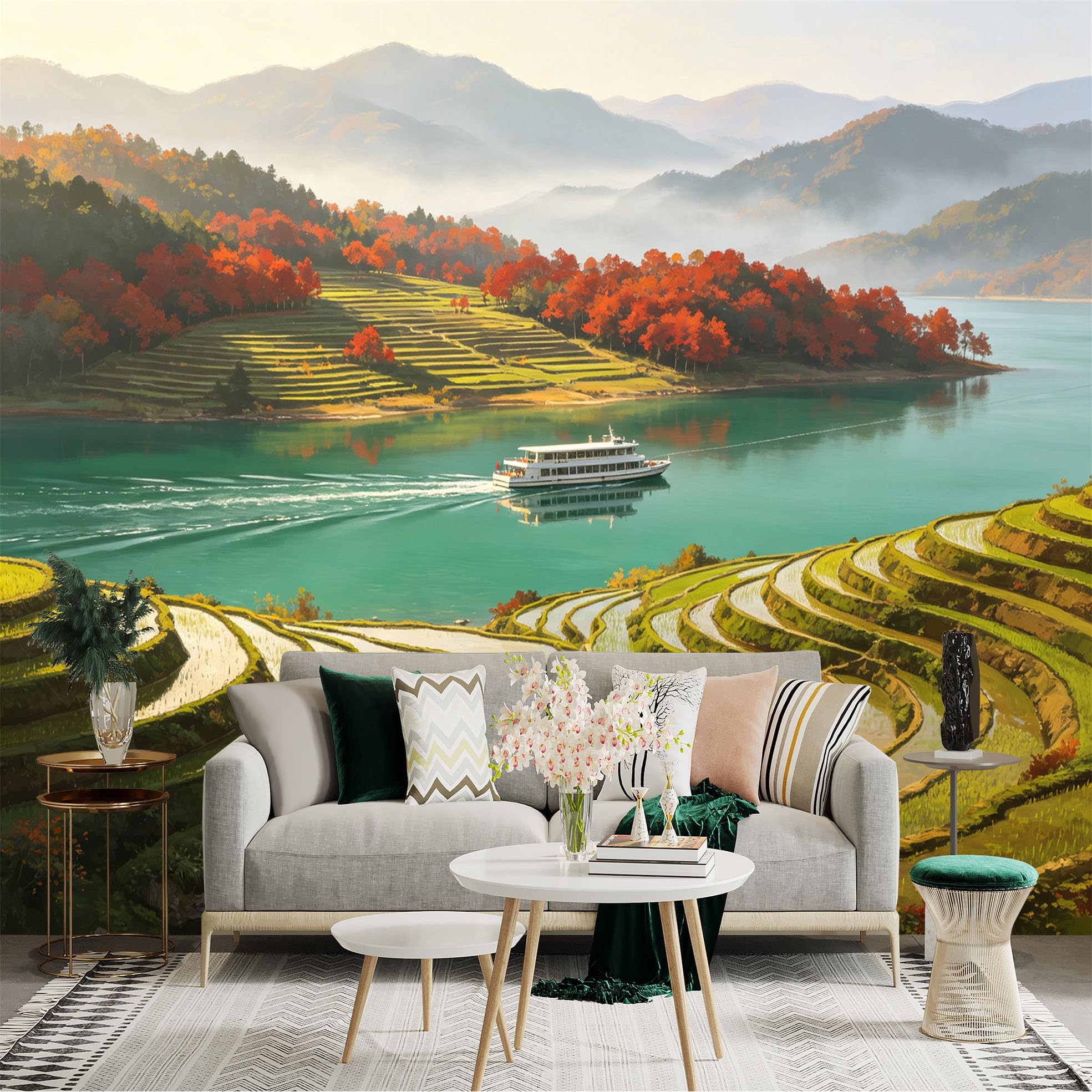 Custom Size Wall Sticker Mural， Autumn Terrace Fields with River， Cruise Boat on Lake， Mountain Scenery， for wall Decoration， peelandstick wall Decals.