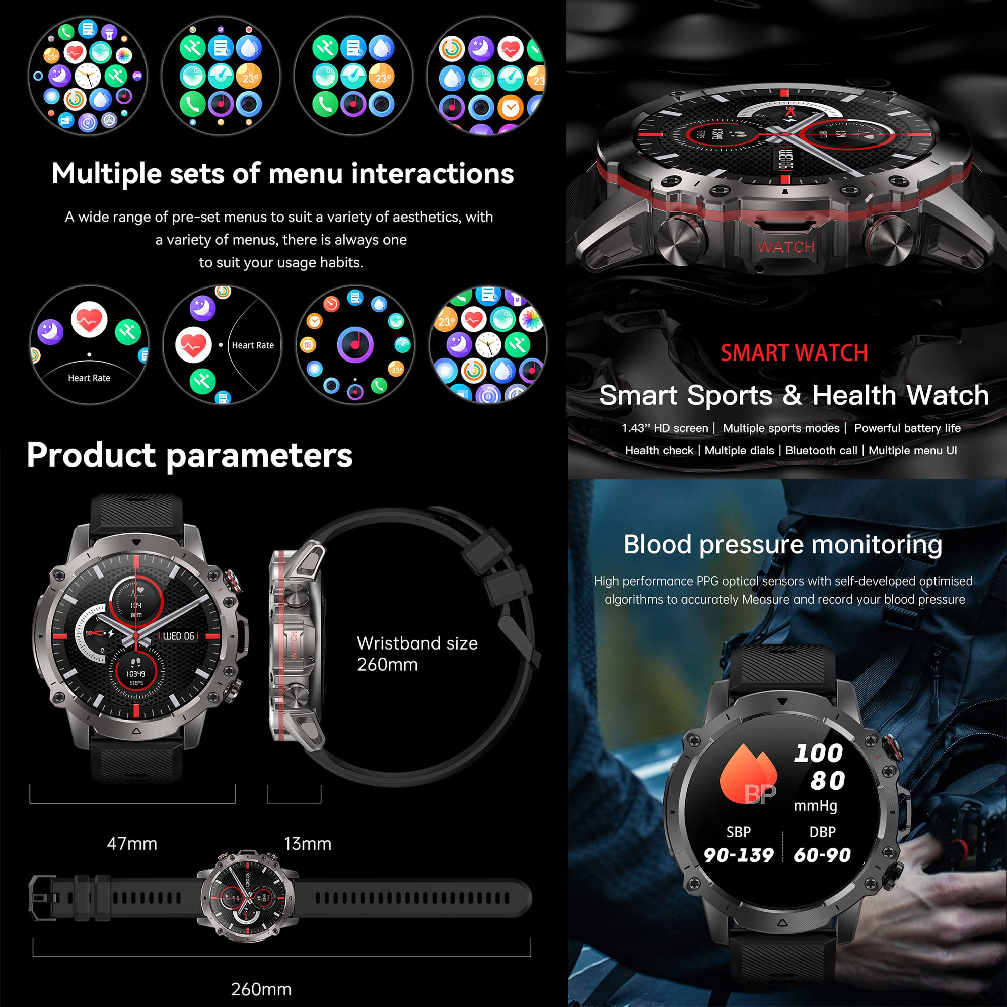 ZPIMY Reloj Inteligente Hombre con Llamada y Whatsapp, 5ATM Impermeable Smartwatch, 1,43" AMOLED Reloj Deportivo Hombre con Monitor Sueño, Oxígeno Sanguíneo, Podómetro, Pulsómetro Android iOS (Plata)
