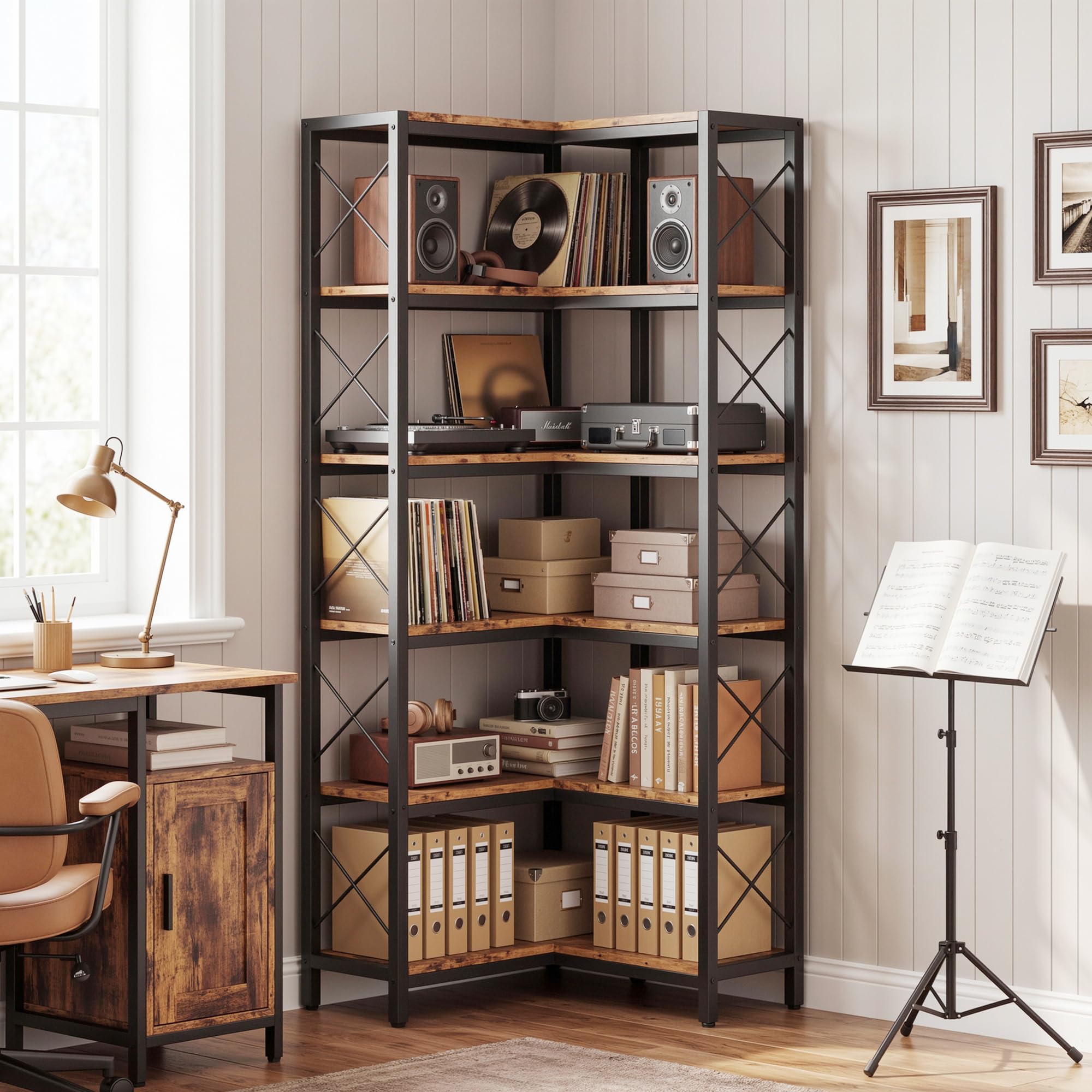 IRONCK Bookcase, 6-Tier L-shaped Corner Book Shelf with Adjustable Feet, Industrial Corner Shelf for Living Room, Bedroom, Home Office, Rustic Brown, 60 x 60 x 167 cm
