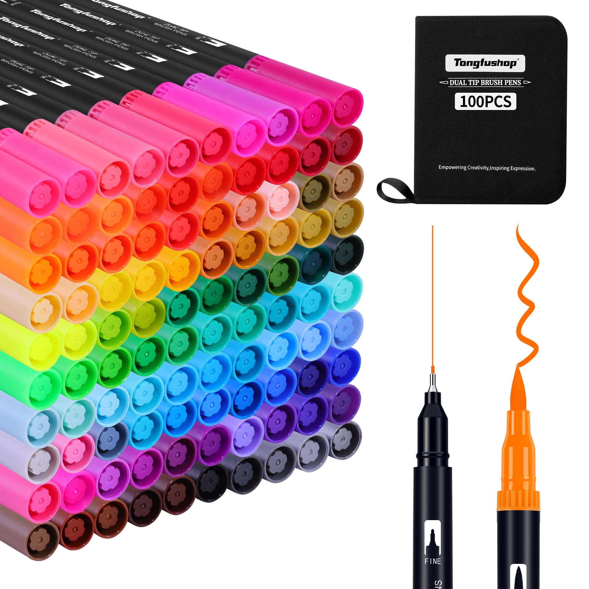 Tongfushop Rotuladores Lettering, 100 Colores Rotuladores Punta Pincel, Rotuladores Doble Punta Fina, Rotuladores Acuarelables Profesionales para Adultos Dibujo, Caligrafía, Bullet Journa
