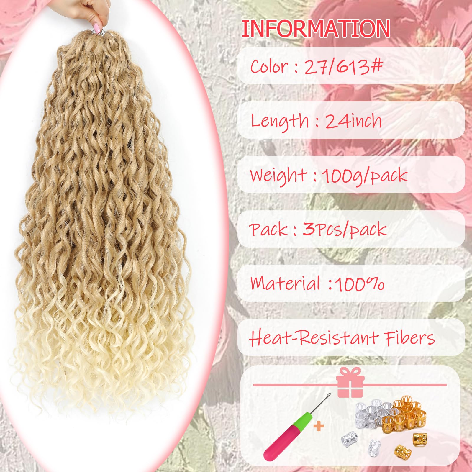 24Inch Deep Wave Twist Curly Crochet Hair Extensions 3Pack Deep Wavy Air Curl Bulk Hair Synthetic Boho Braids Water Wave Crochet Hair Extension for Women (T27/613 - Image 2