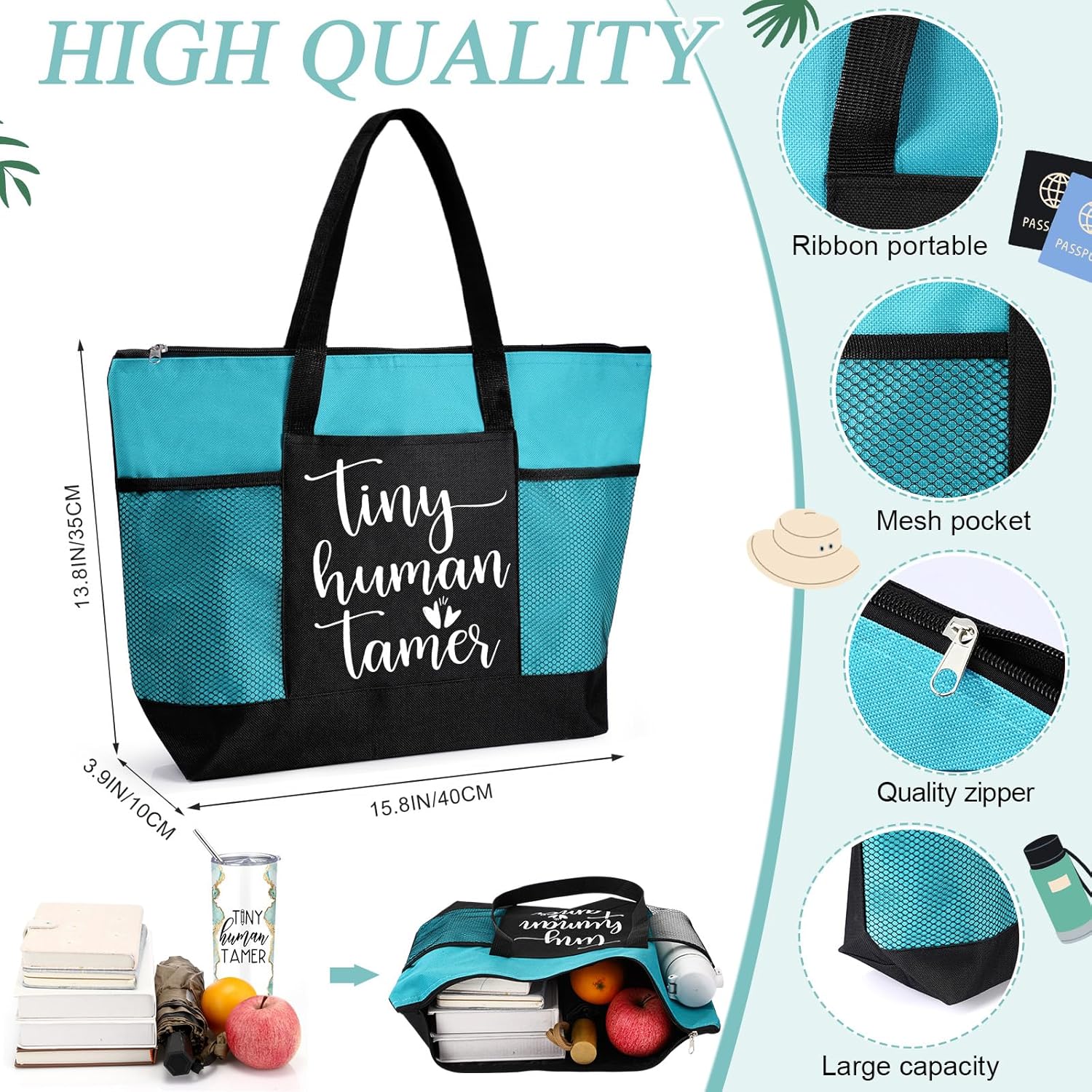 2 Pcs Tiny Human Tamer Gifts Daycare Teacher Appreciation Week Gift 20 oz Tumbler with Lid Tote Bag with Mesh Pockets Thank You Gift for Kindergarten Teacher Graduation Favors(Tamer,Green) - Image 2