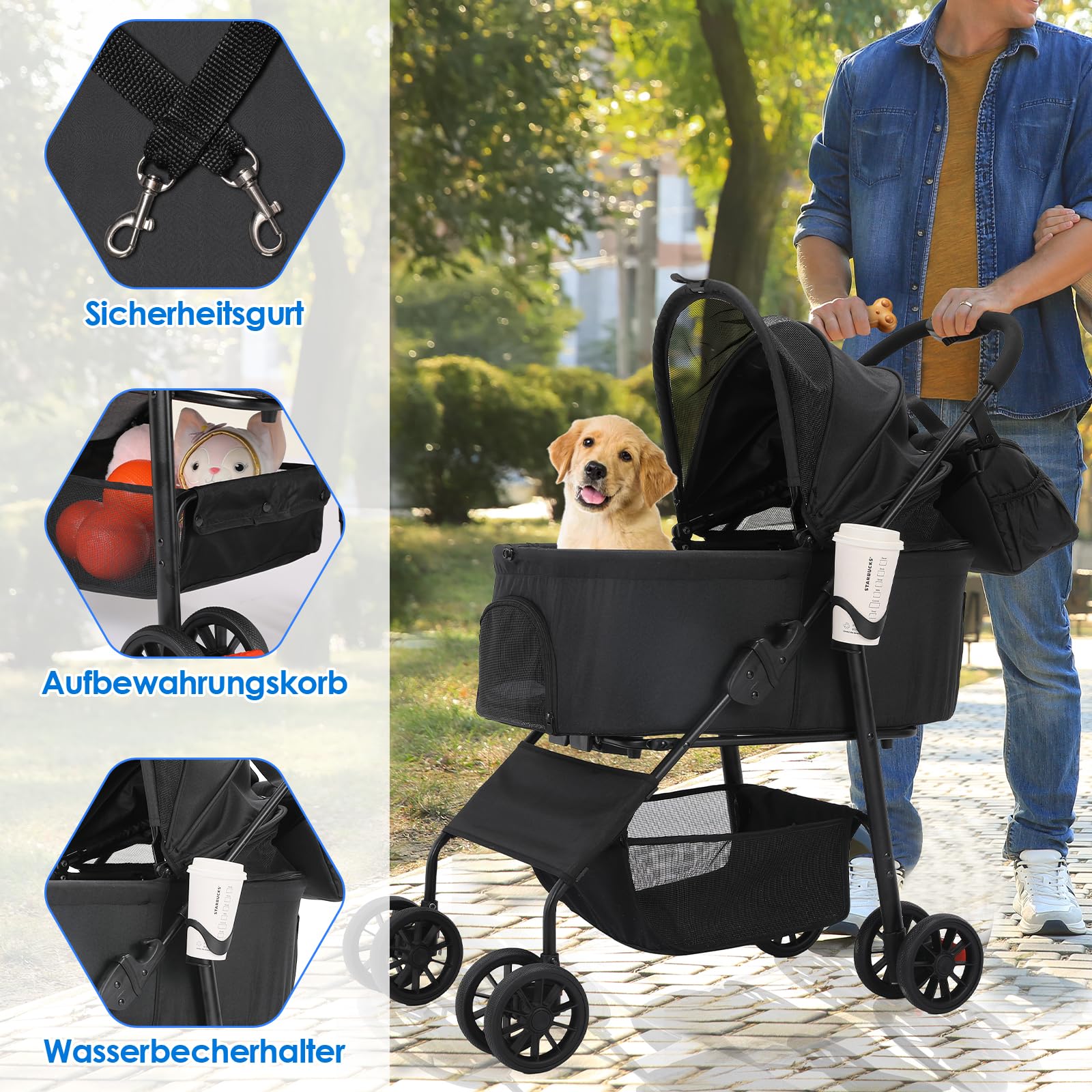 MAMIZO Cochecito para perros 3 en 1, hasta 20 kg, 4 pares de ruedas dobles de 360°, carrito para perros con una bolsa de hombro, plegable, para perros y gatos pequeños, medianos y gatos, Negro