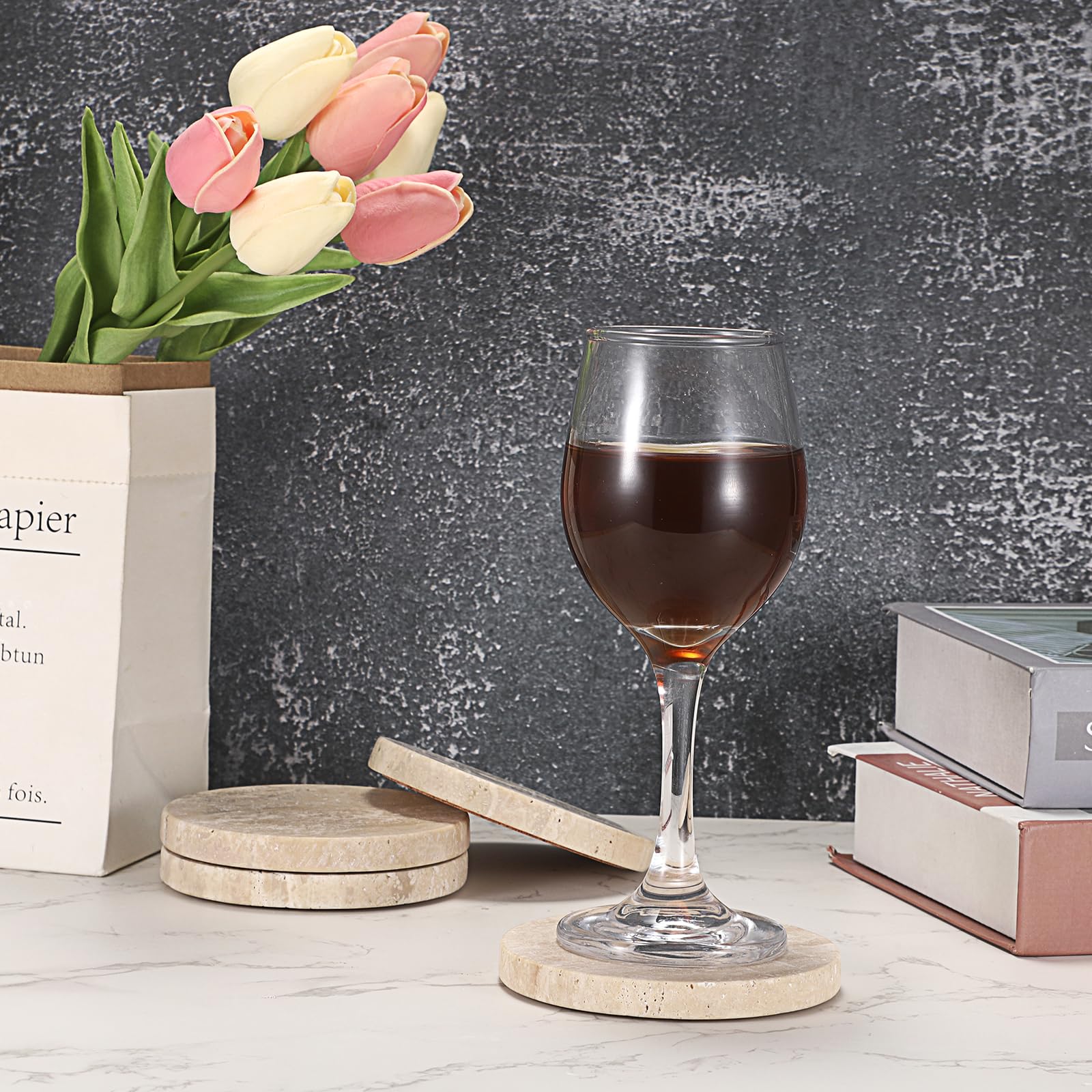 4 posavasos hexagonales de travertino de 10 x 10 cm con almohadillas de madera suave, posavasos de travertino de mármol beige natural, posavasos de piedra de travertino para bebidas, café