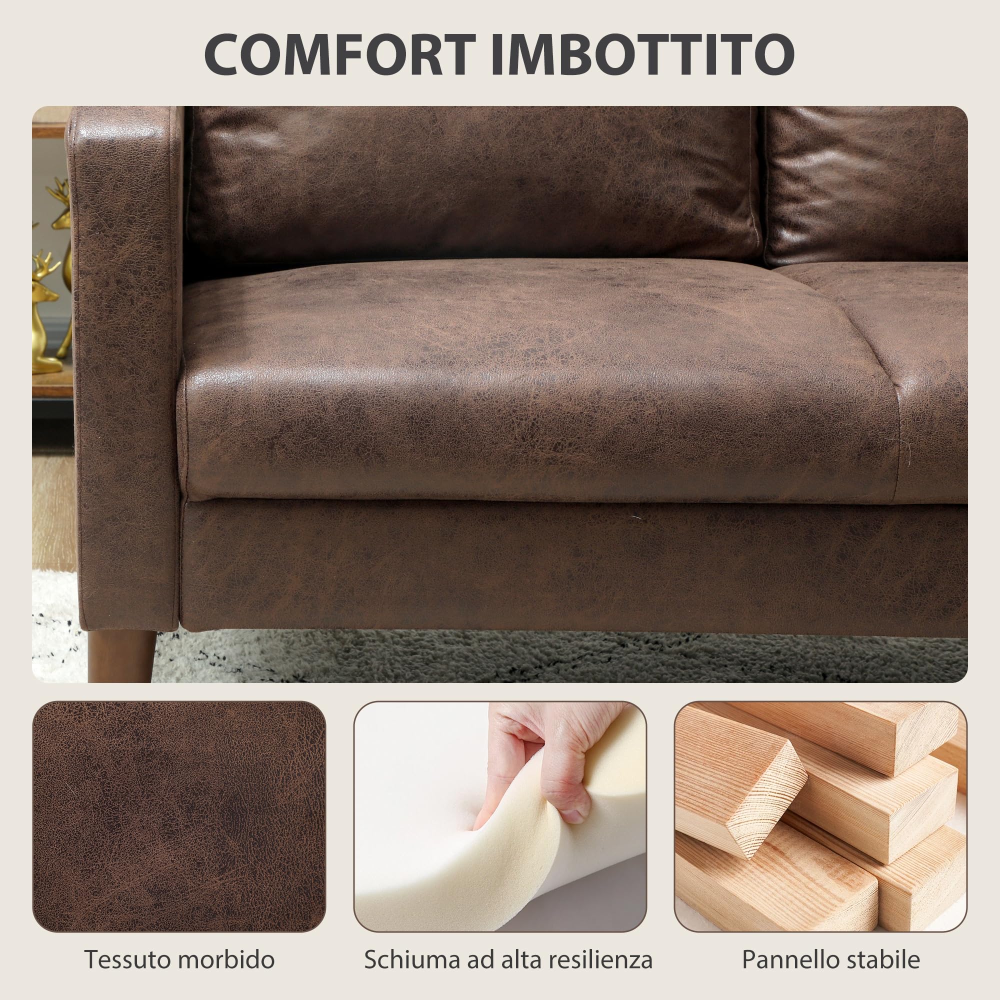 HOMCOM Divano 2 Posti Imbottito in Tessuto Effetto Pelle Traspirante con Cuscini e Gambe in Legno di Caucciù, Divanetto Salvaspazio con Braccioli per Soggiorno, Salotto, 130x78x85 cm, Marrone Scuro