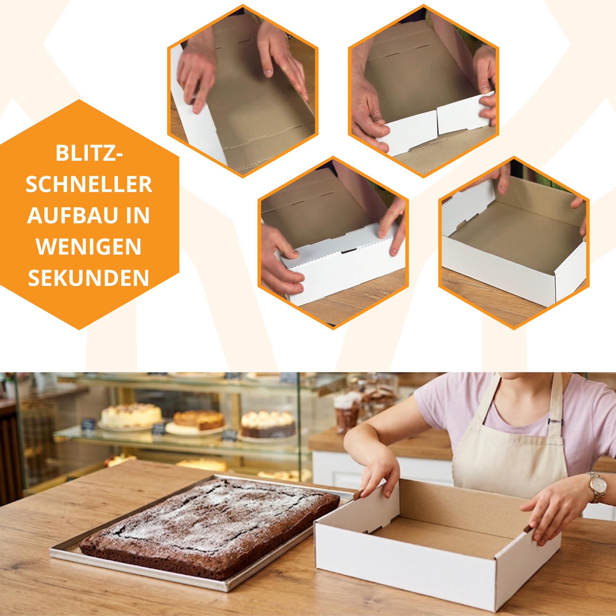 KAPAK 10er Kuchen Tray Weiß 40x30x7 cm - Offenes Präsentations-Tray aus Wellpappe - Rechteckige Gebäckschale - Donut & Blechkuchen Papp-Tray