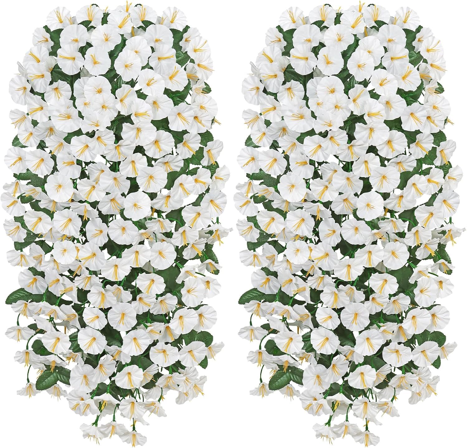 Weldomcor 2PCS Artificial Hanging Flowers for Outdoor, UV Resistant Fake Hanging Plant Morning Glory Trailing Vines Silk Petunia Flowers Spring Summer Decor for Home Wedding Garden Porch Patio (White)
