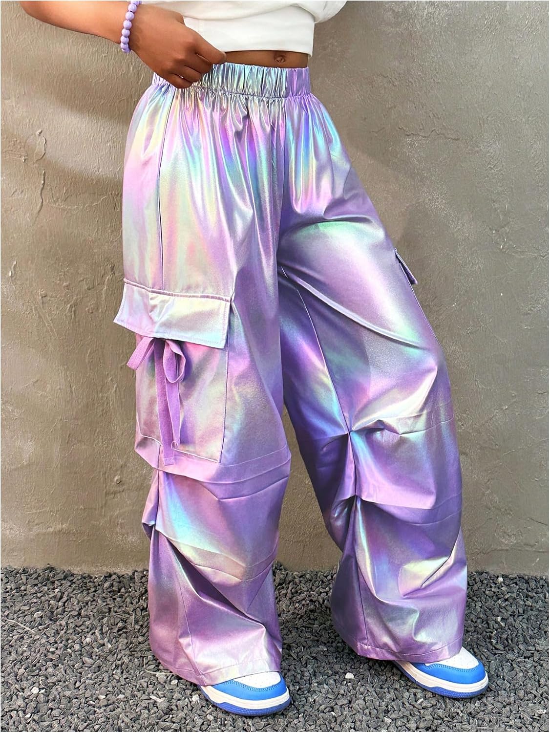 Floerns Girl's Y2k Elastic High Waisted Cargo Pants Straight Leg Street Parachute Pants