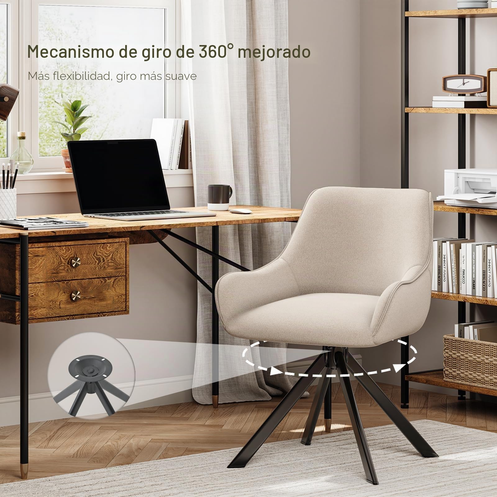 Juego de 4 sillas de comedor giratorias con reposabrazos – Silla acolchada giratoria 360° de lino moderna, silla de cocina con estructura metálica y respaldo para comedor, sala de estar