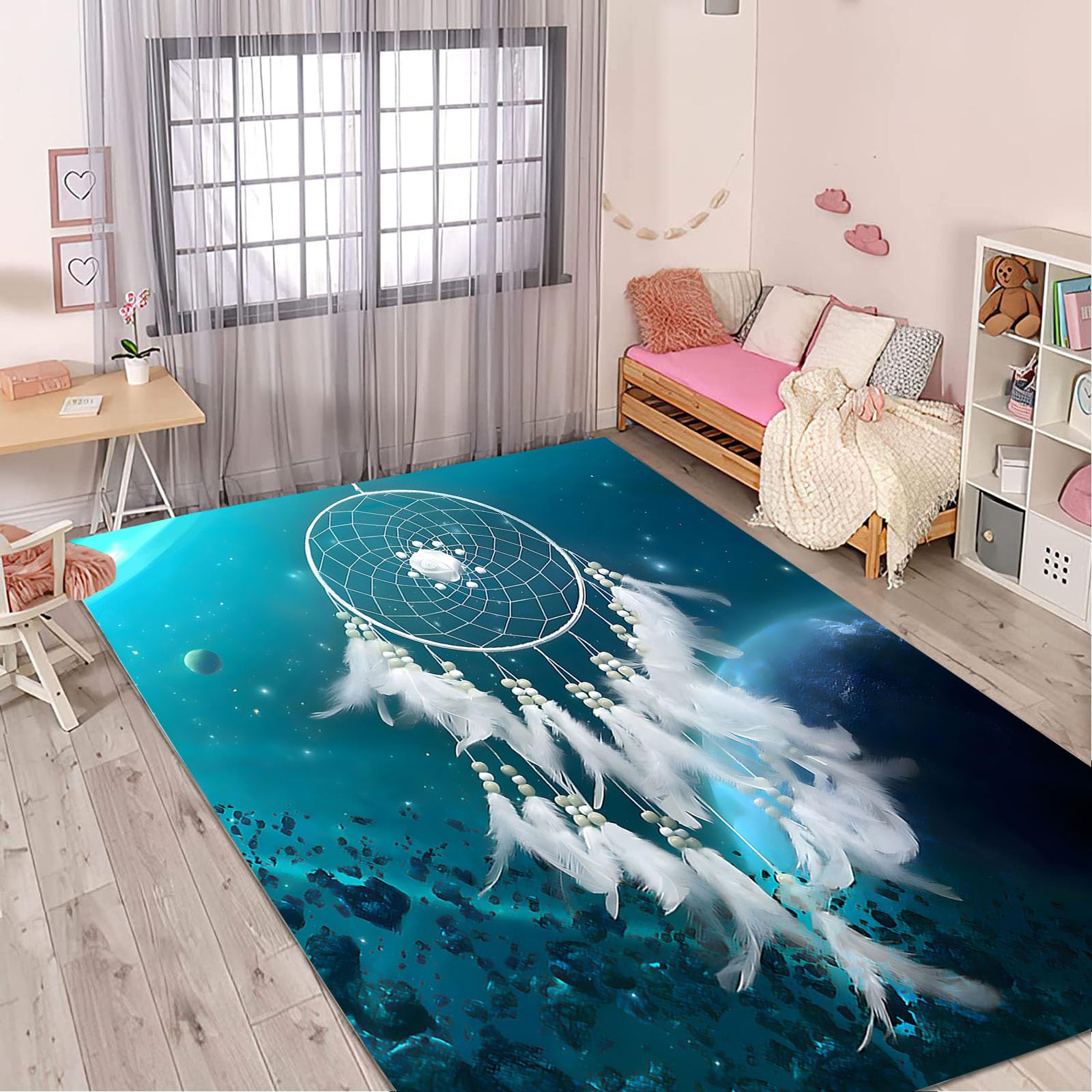 Traumfänger Teppich Wohnzimmer 160x230cm Bunt Federn Kinderteppich Kinderzimmer, Traumfänger Teppich Kinder Spielteppich Wohnzimmerteppich(16,100x160cm)