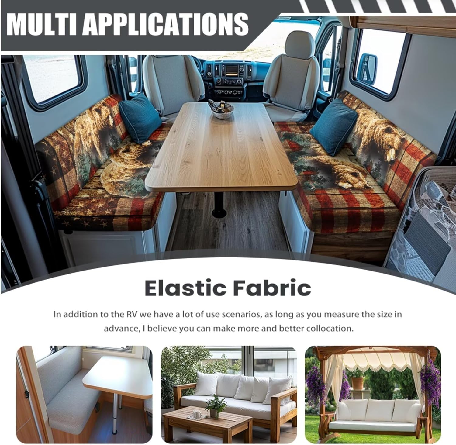 Bear American Flag Print RV Dinette Cushion Covers Wear-Resistan Camper Seat Covers Dinette Booth with Pillowcase, RV Couch Protector Include 1 Backrest Cover and 1 Bench Cover