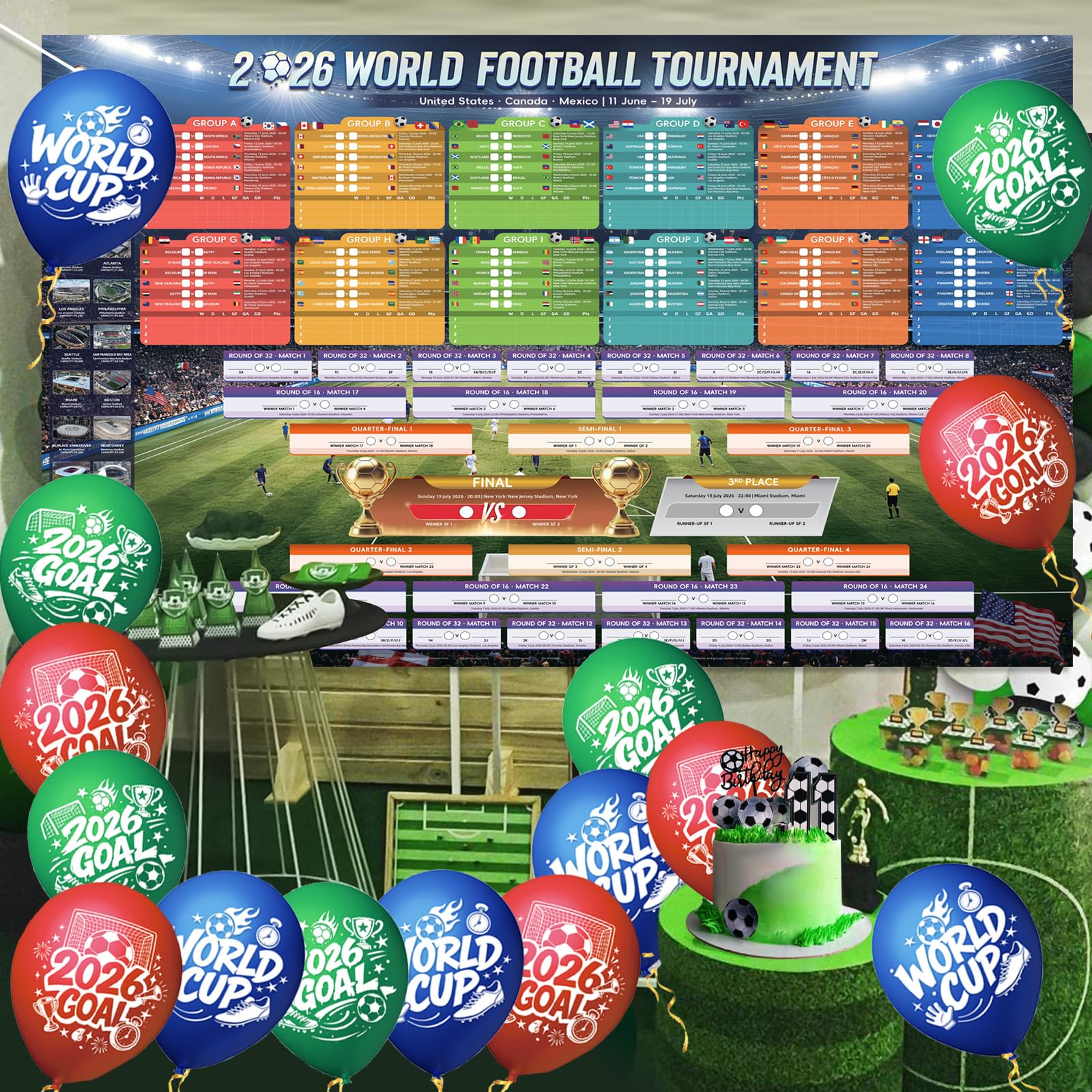 AhfuLife Grande grafico da parete in tessuto per decorazioni per feste 2026, 180 x 110 cm, include 48 squadre gruppo risultati finali calendario da parete per tifosi di calcio per interni ed esterni