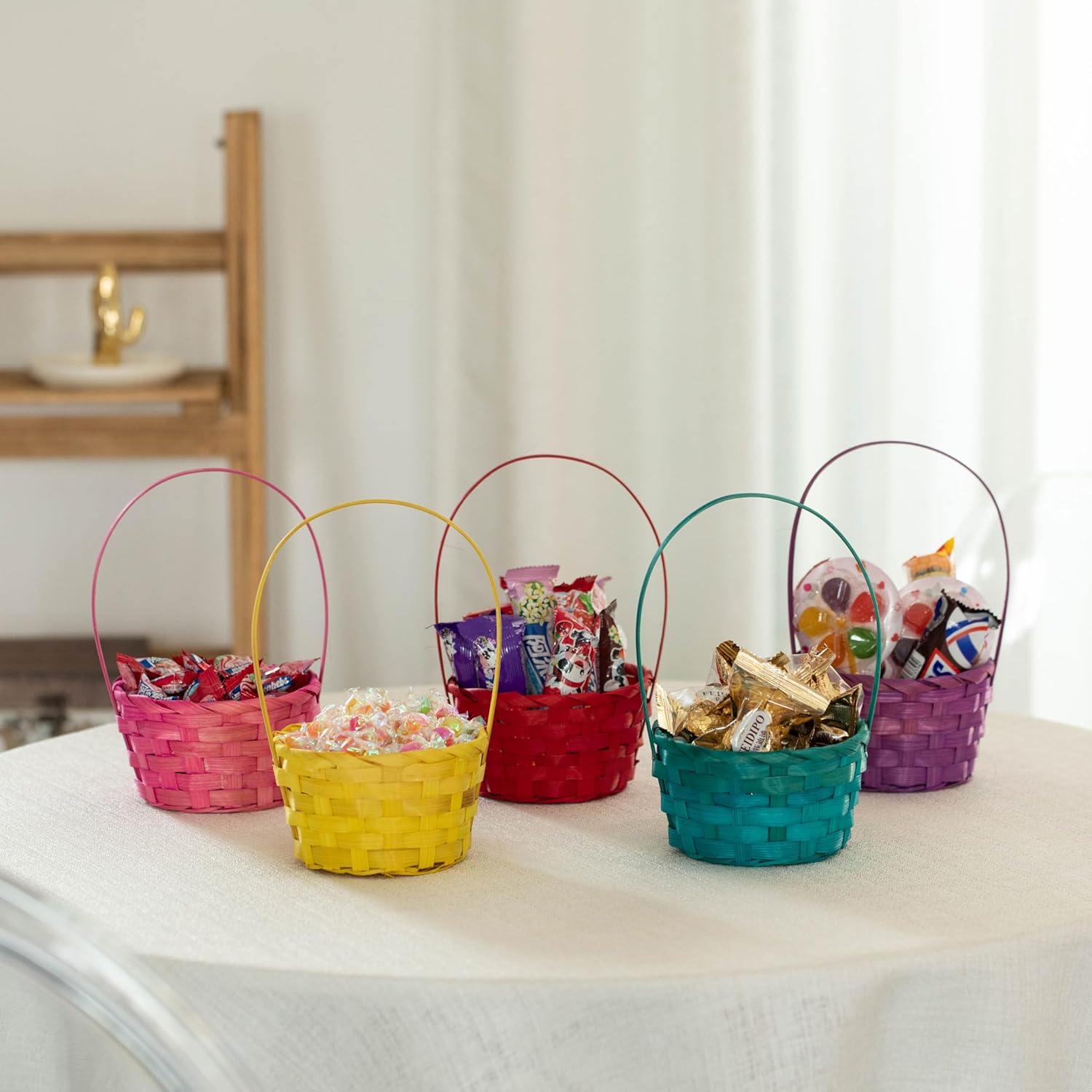 Wickerwise 5 Assorted Color Bamboo Wicker Round Baskets with Handles - Small Buckets for Easter Egg Hunts, Birthday Party Decorations, Gift Packing, Halloween Trick-or-Treating, and Candy Baskets