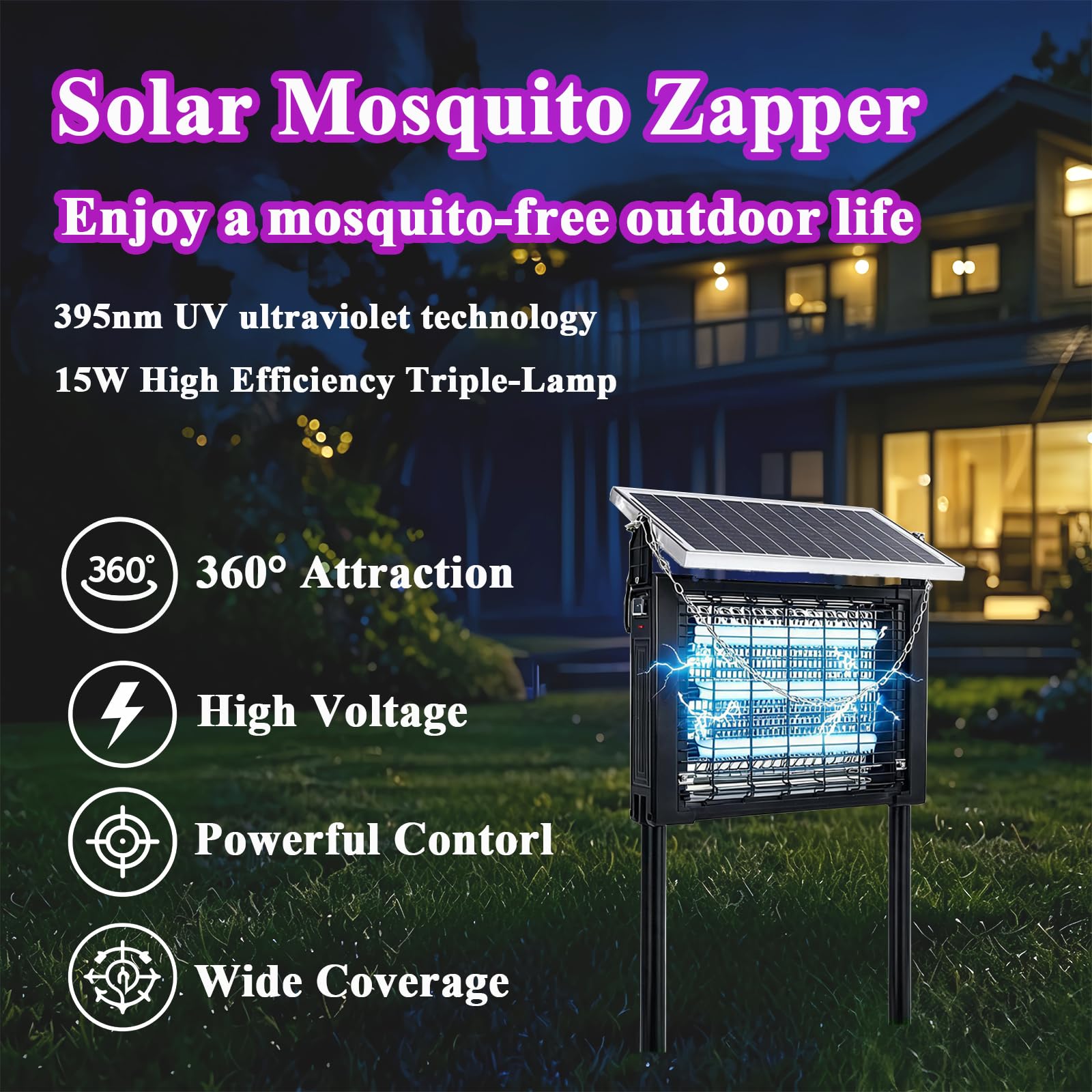 Eliminador solar de insectos para exteriores, impermeable, de alta potencia, 4500 V, mata mosquitos eléctrico, recargable, trampa para moscas para terraza, jardín, patio, caravana, camping, estanque