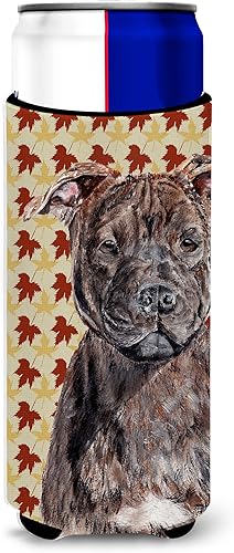 Caroline's Treasures SC9681MUK Staffordshire Bull Terrier Staffie Hojas de otoño Ultra Hugger para latas delgadas, funda enfriadora, lavable a