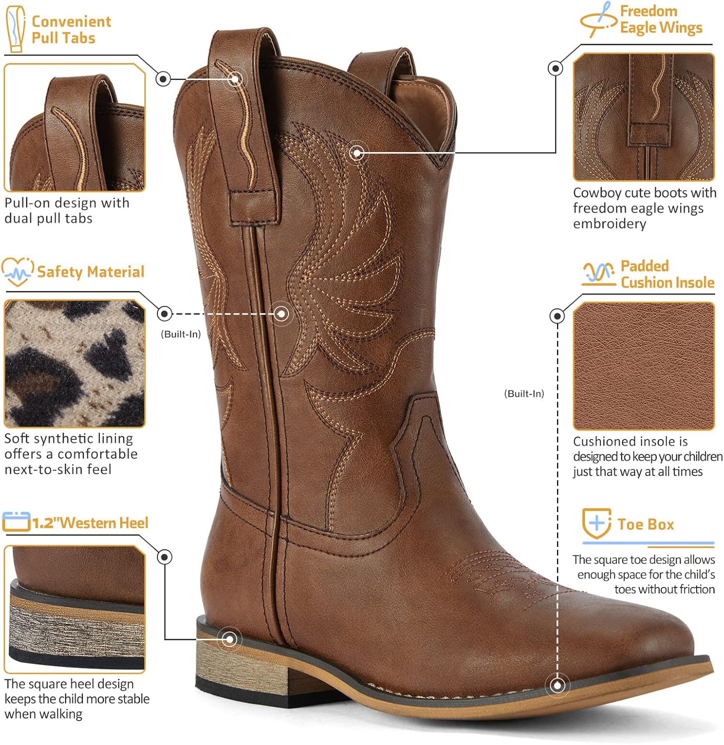 Rollda Kids Cowboy Boots for Boys Girls Western Square Toe Cowgirl Boots with Walking Heel (Toddler/Little Kid/Big Kid) - Image 4