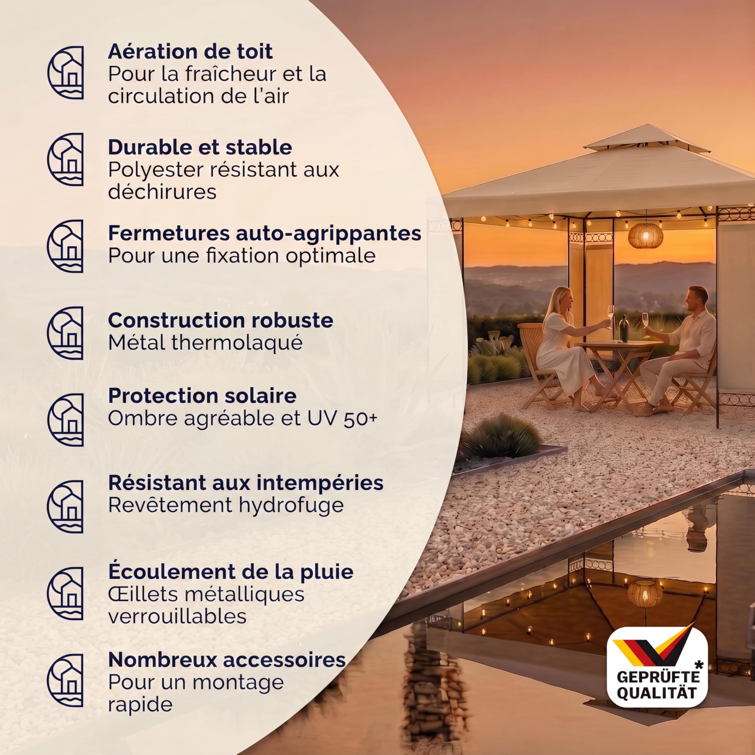 Pavillon Lorca 3x3 m métal Toile Hydrofuge Protection UV 50+ Tente de réception tonnelle de Jardin pergola mobilier extérieur crème
