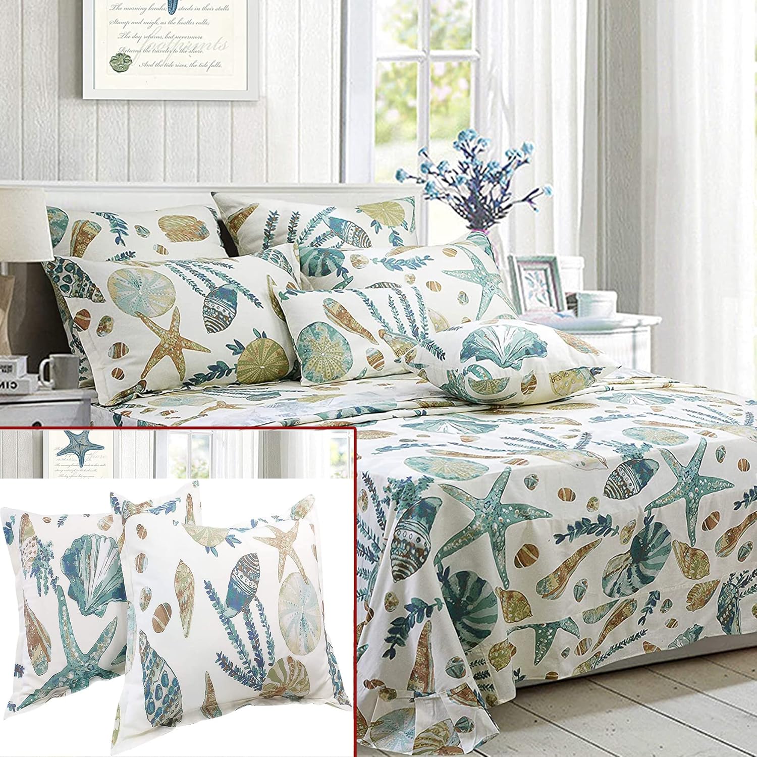 FADFAY 6Pcs Cotton Beach Themed Coastal Sheets Set Cal King Size, 1 Flat Sheet+1 Fitted Sheet+ 4 King Size Pillowcases