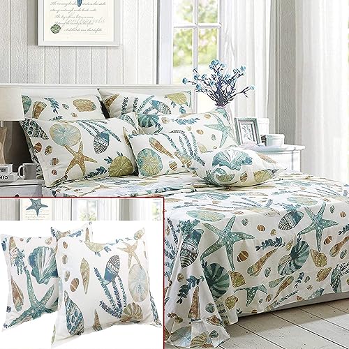 FADFAY Juego de sábanas de algodón con temática costera de algodón de 6 piezas, 1 sábana encimera, 1 sábana bajera + 4 fundas de almohada de tamaño