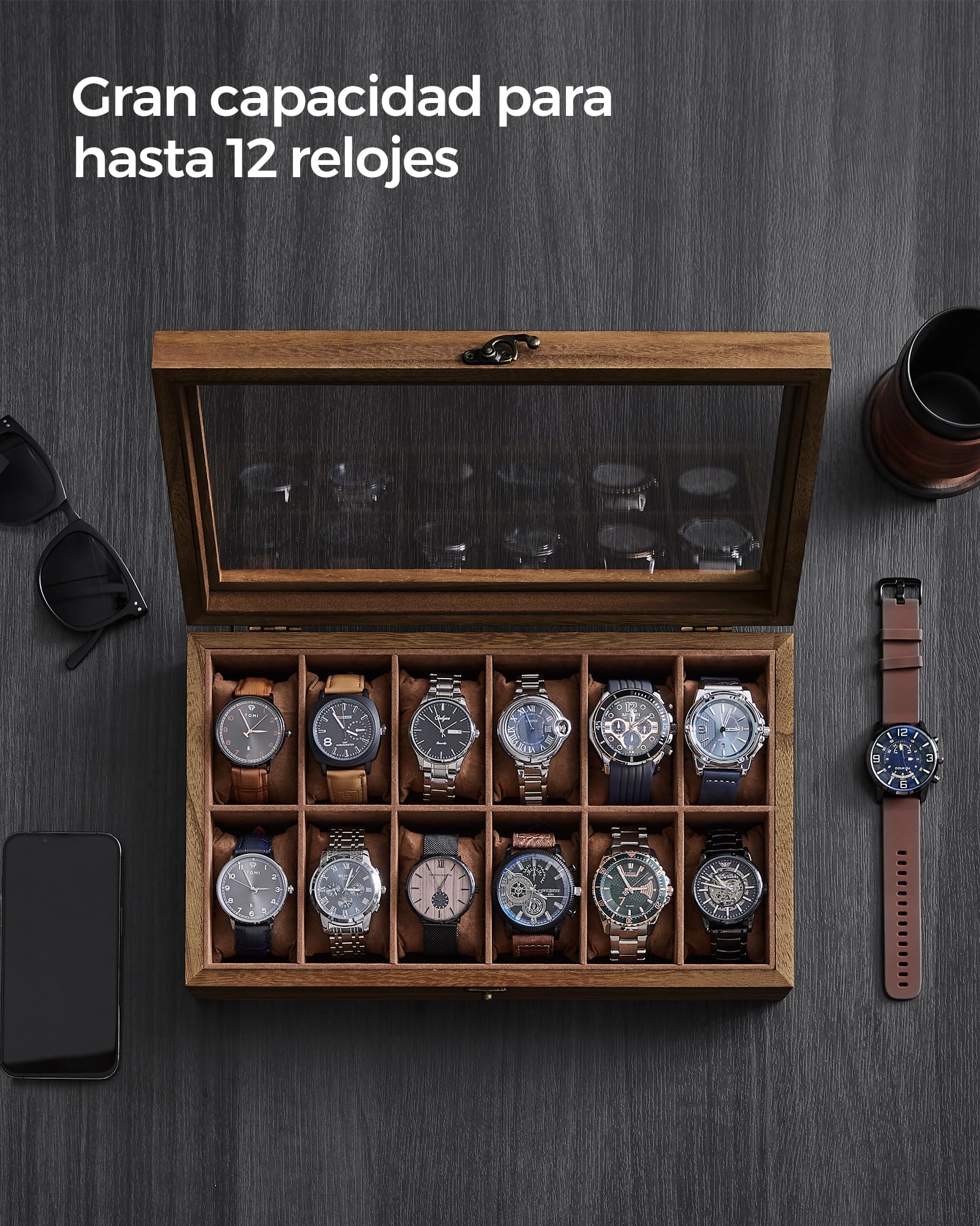 SONGMICS Caja para Relojes 12 Compartimentos Madera Maciza Tapa Cristal Nogal Rústico JOW120K01