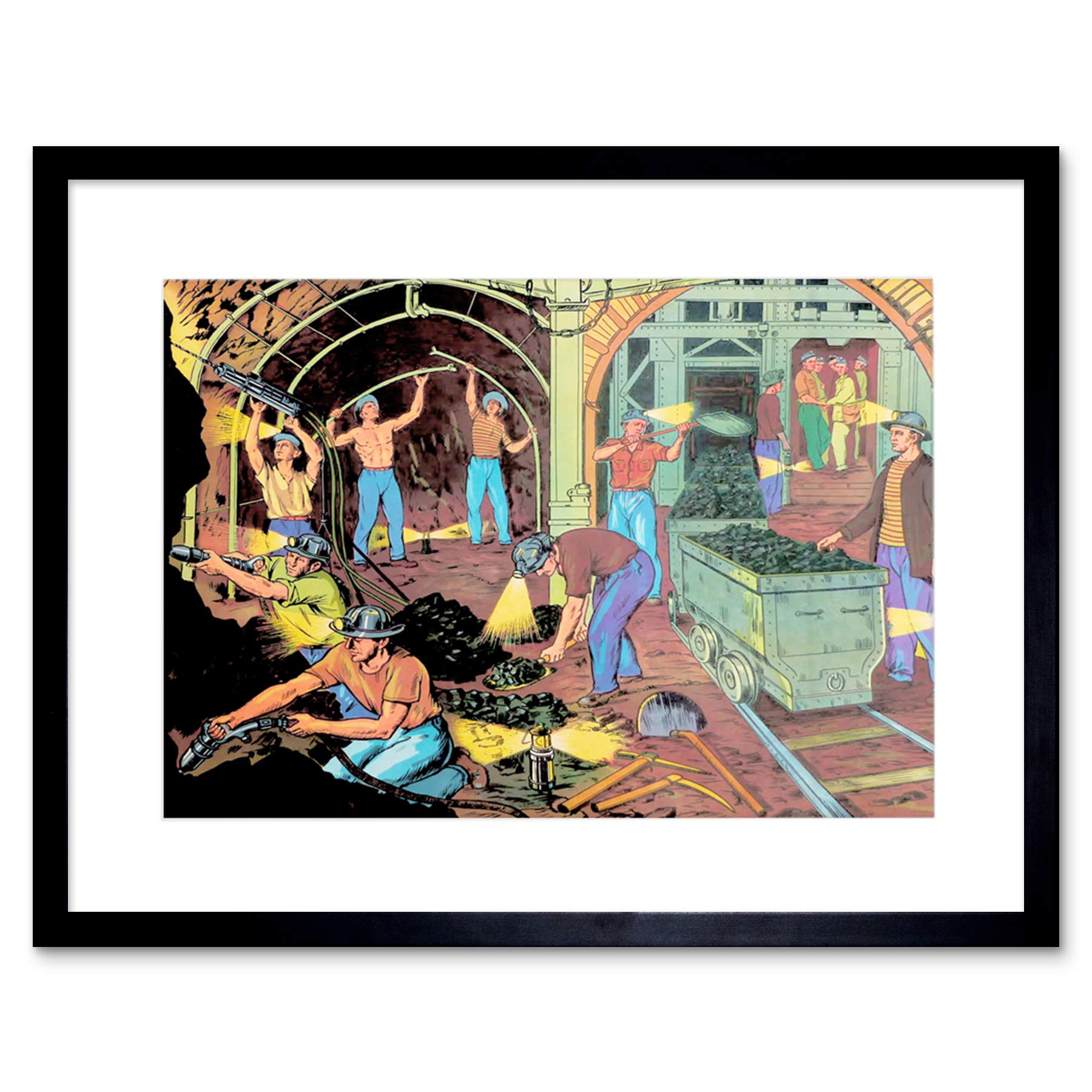 Wee Blue Coo Group Cartoon Coal Mine Shaft Drill Dig Pick Shovel Framed Wall Art Print