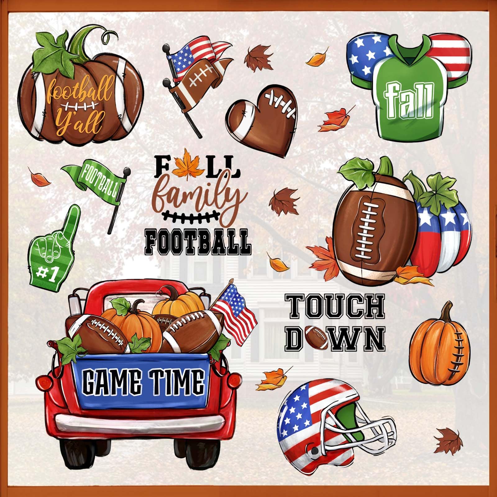 Mfault Fall Family Football Window Clings 9 Sheets, Autumn Game Time Red Truck Pumpkin Stickers Decals Decorations, Touch Down Rugby Jersey Helmet Seasonal Home Kitchen Decor