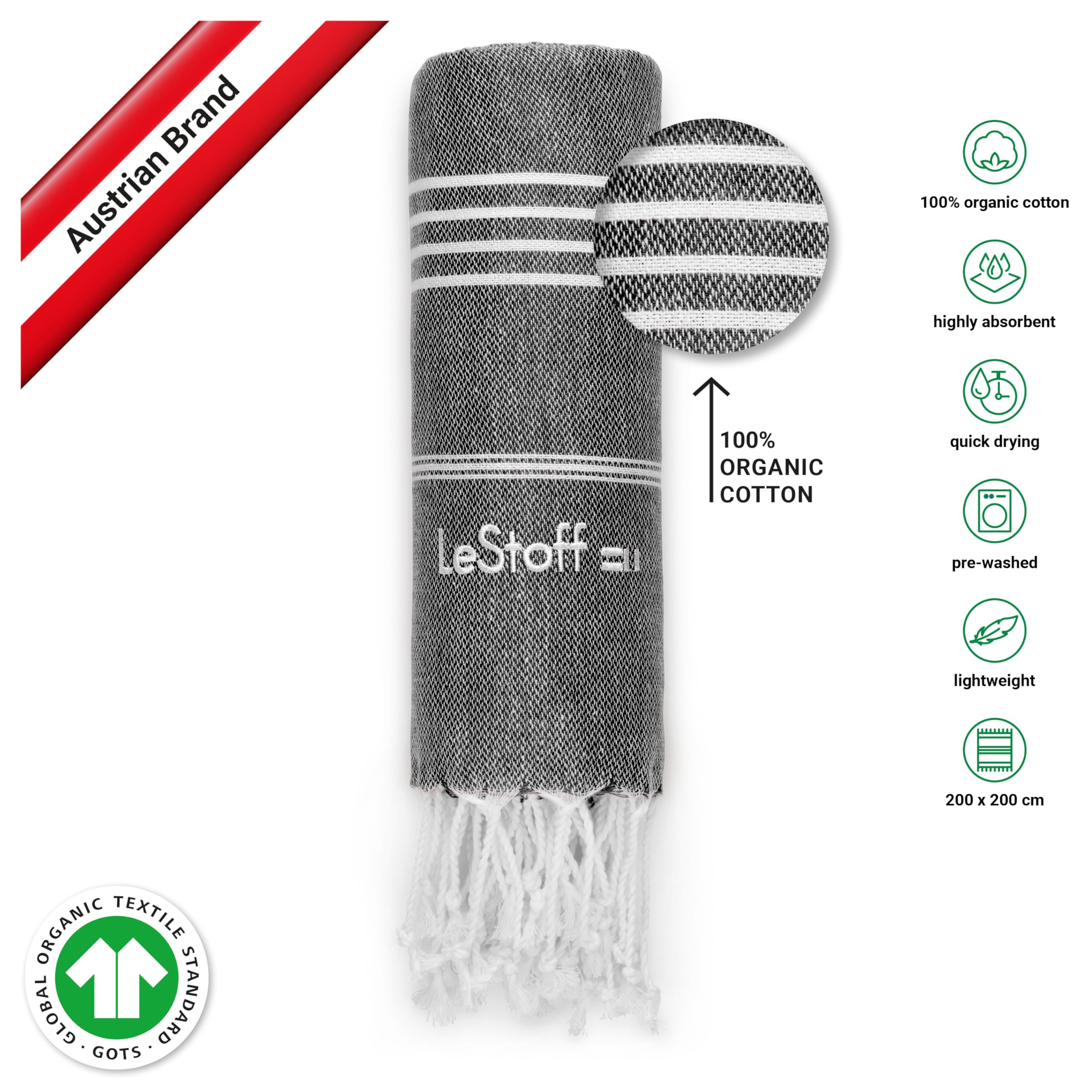 LeStoff Premium Hammam Towel, 100% Organic Cotton, Pre-washed Sustainable Absorbent & Quick-drying, Beach, Bath, Shower, Yoga - Image 3