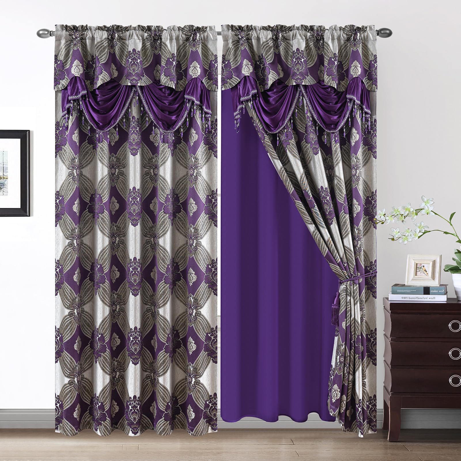 Petrichor Elegance Curtains with Gold Silver Threads 2 Panels Set - Luxury Window Treatment Attached Valance, Sheer Backing, and 2 Tie Backs for Bedroom and Living Room, 54x63 inches, Purple